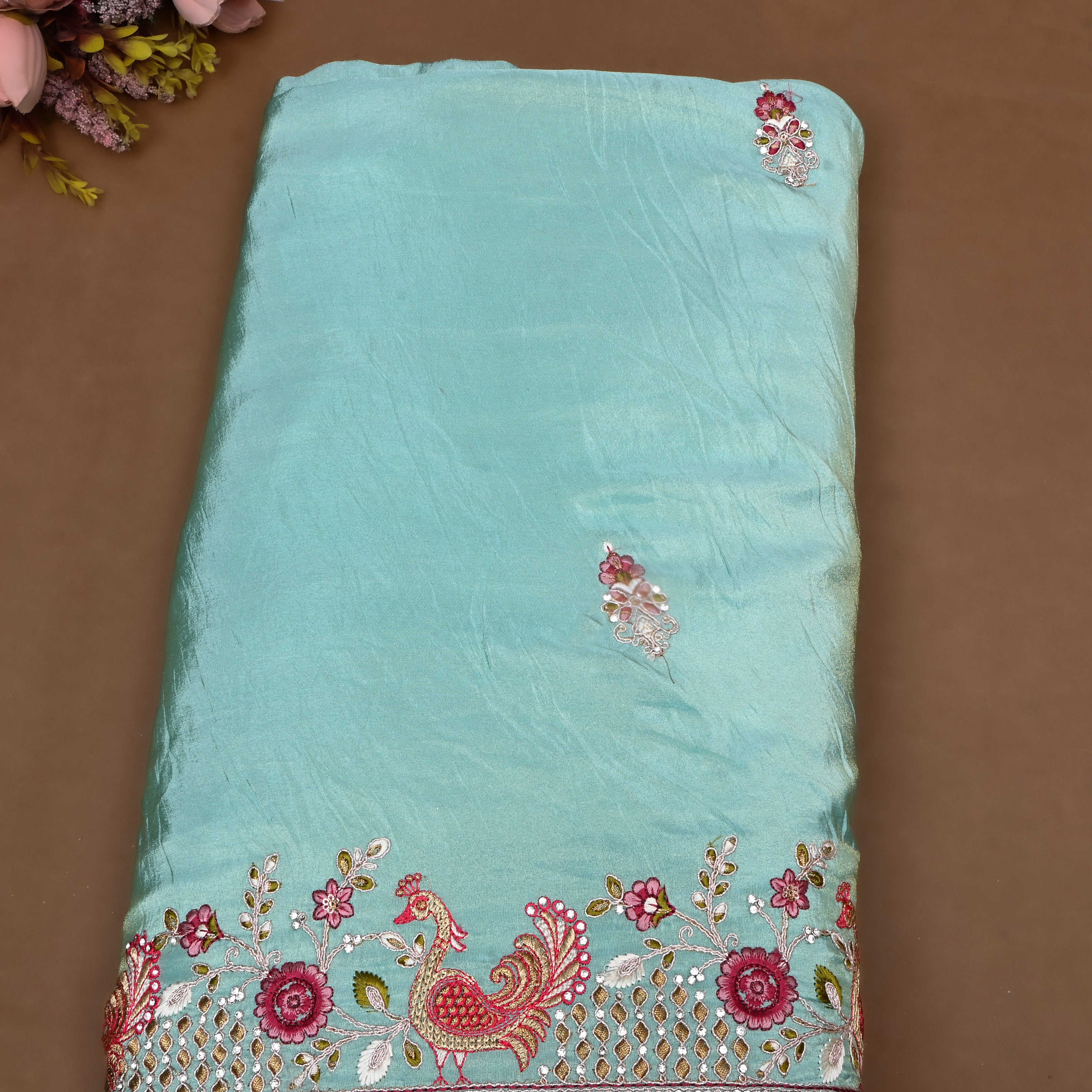 Teal Green Floral Embroidered Tissue Fabric