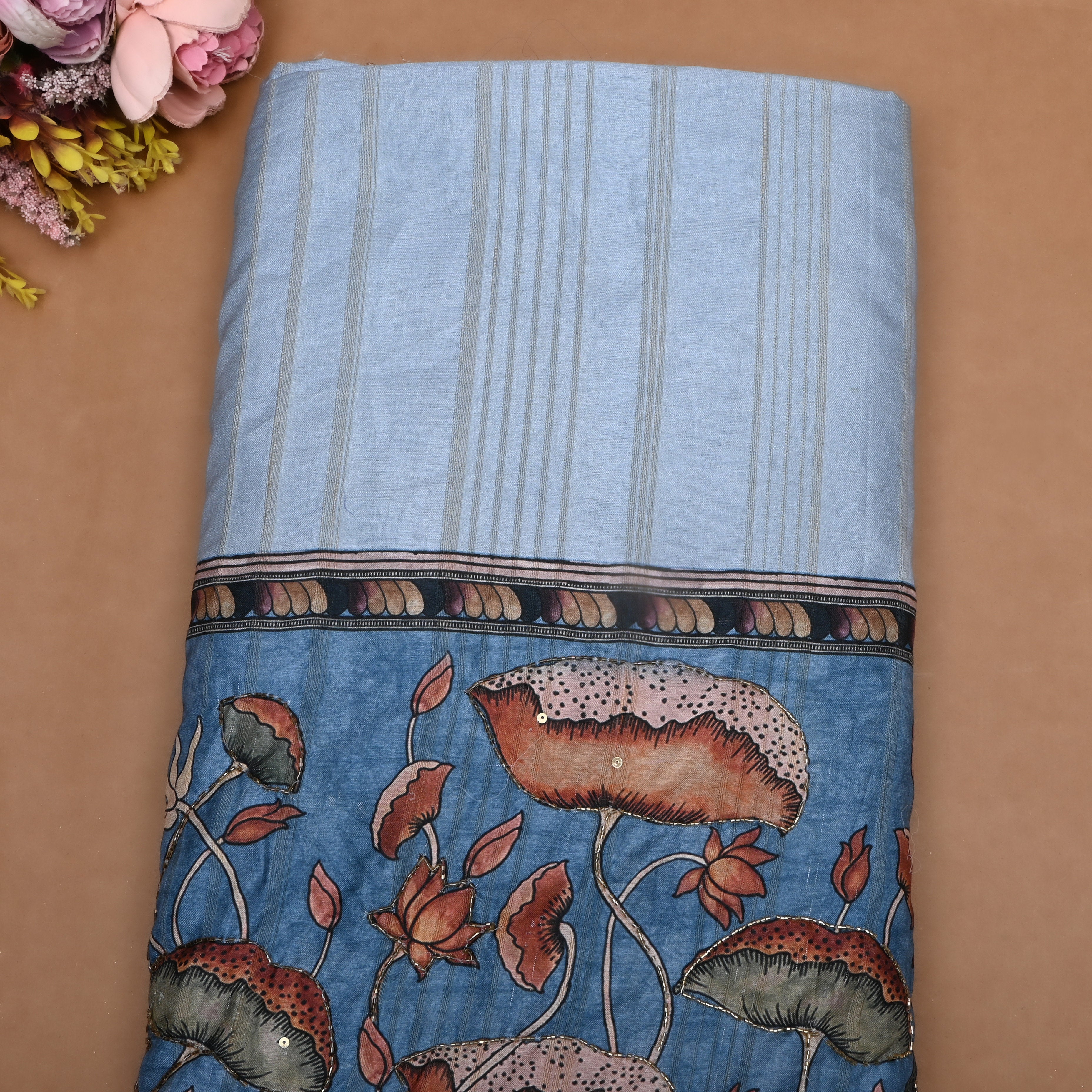 Bright Blue Paithani Printed Dupion Silk Fabric