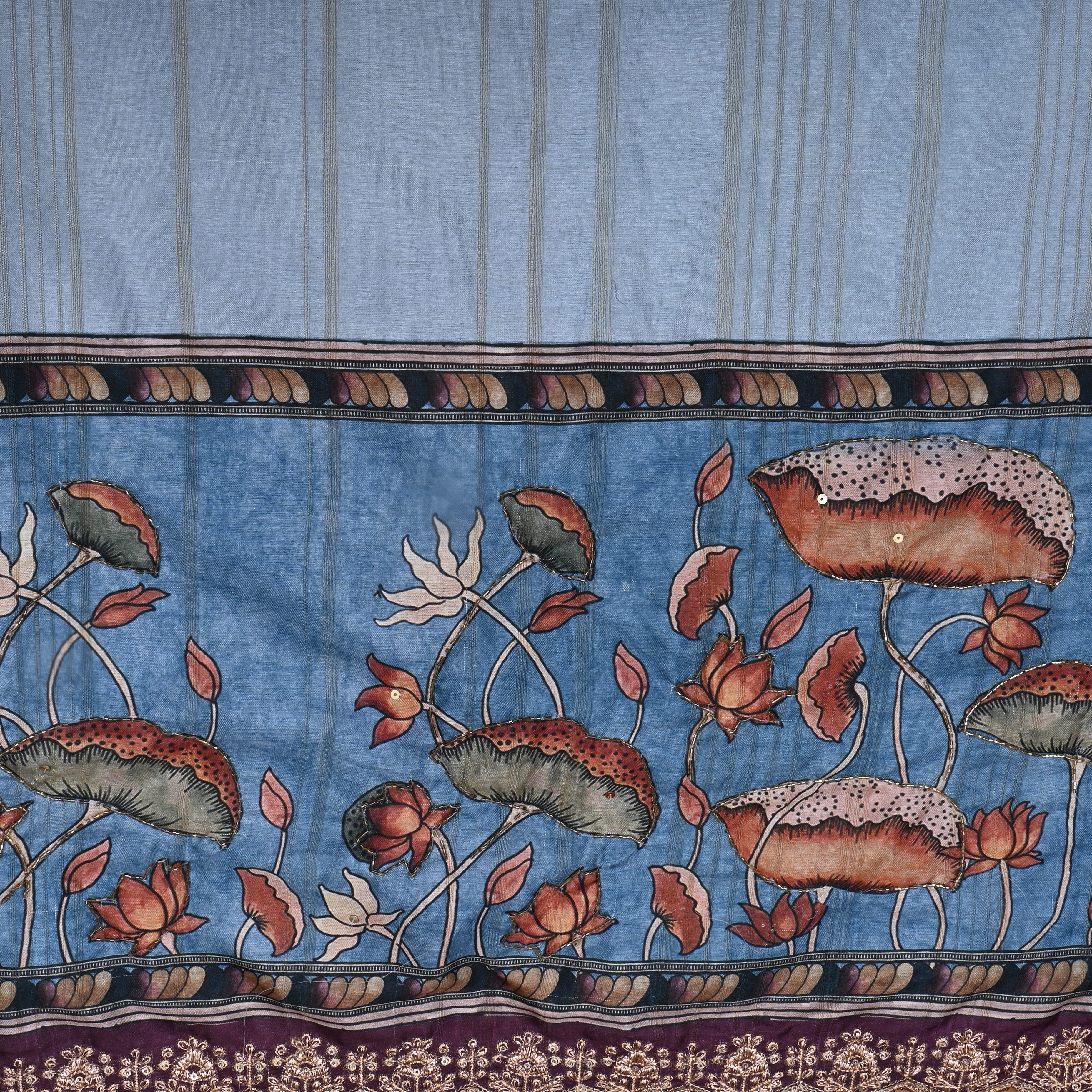 Bright Blue Paithani Printed Dupion Silk Fabric