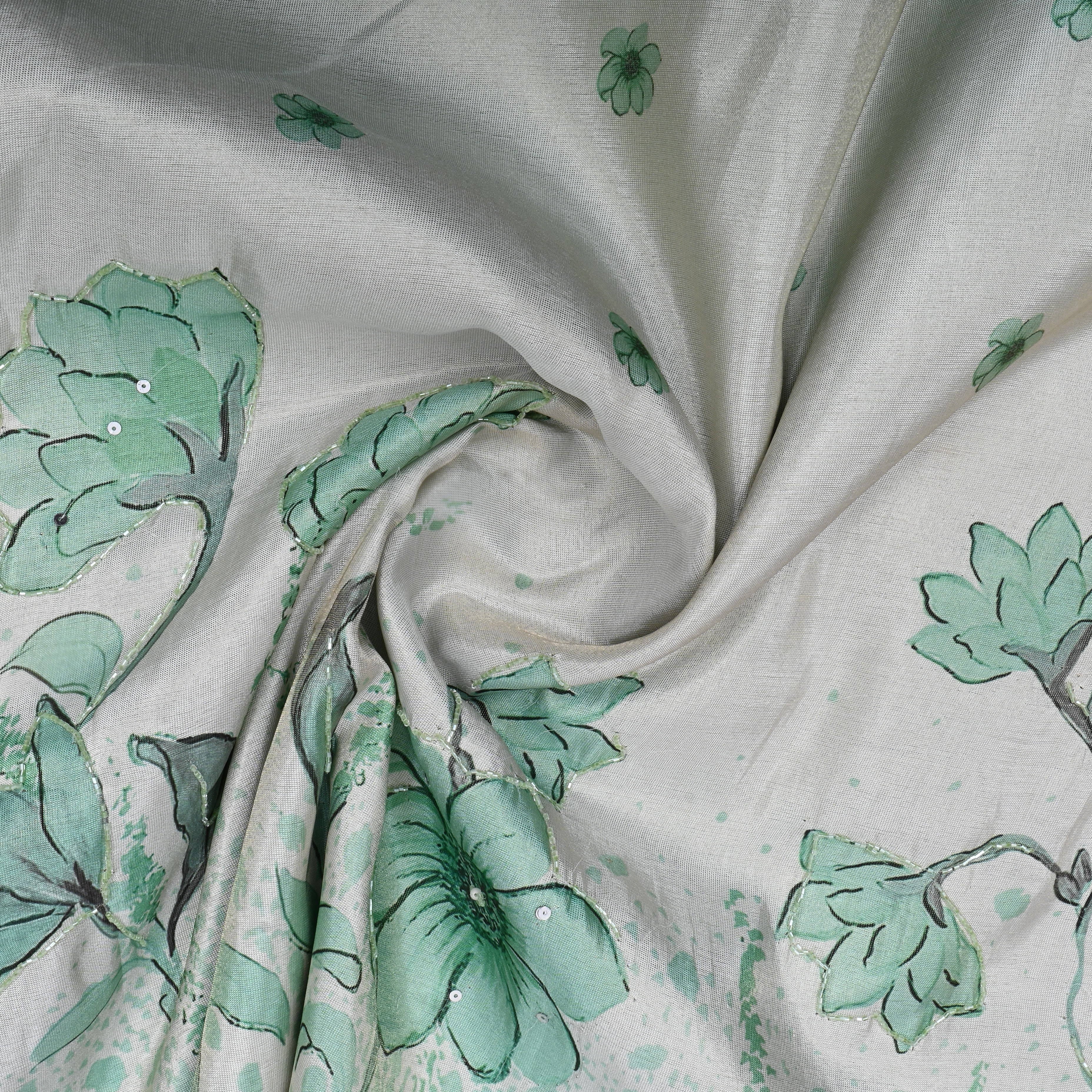 Pastel Green Floral Printed Tissue Fabric