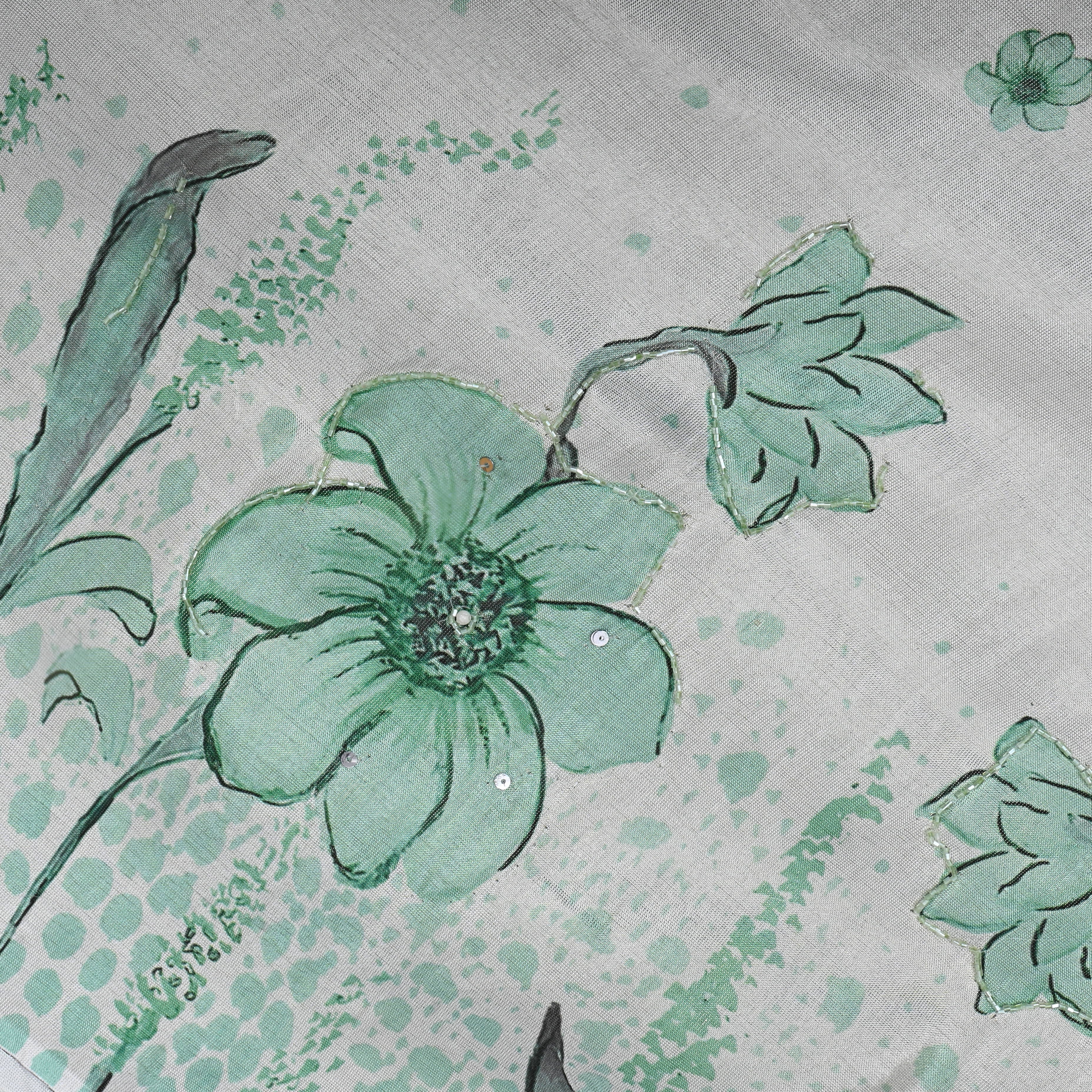 Pastel Green Floral Printed Tissue Fabric