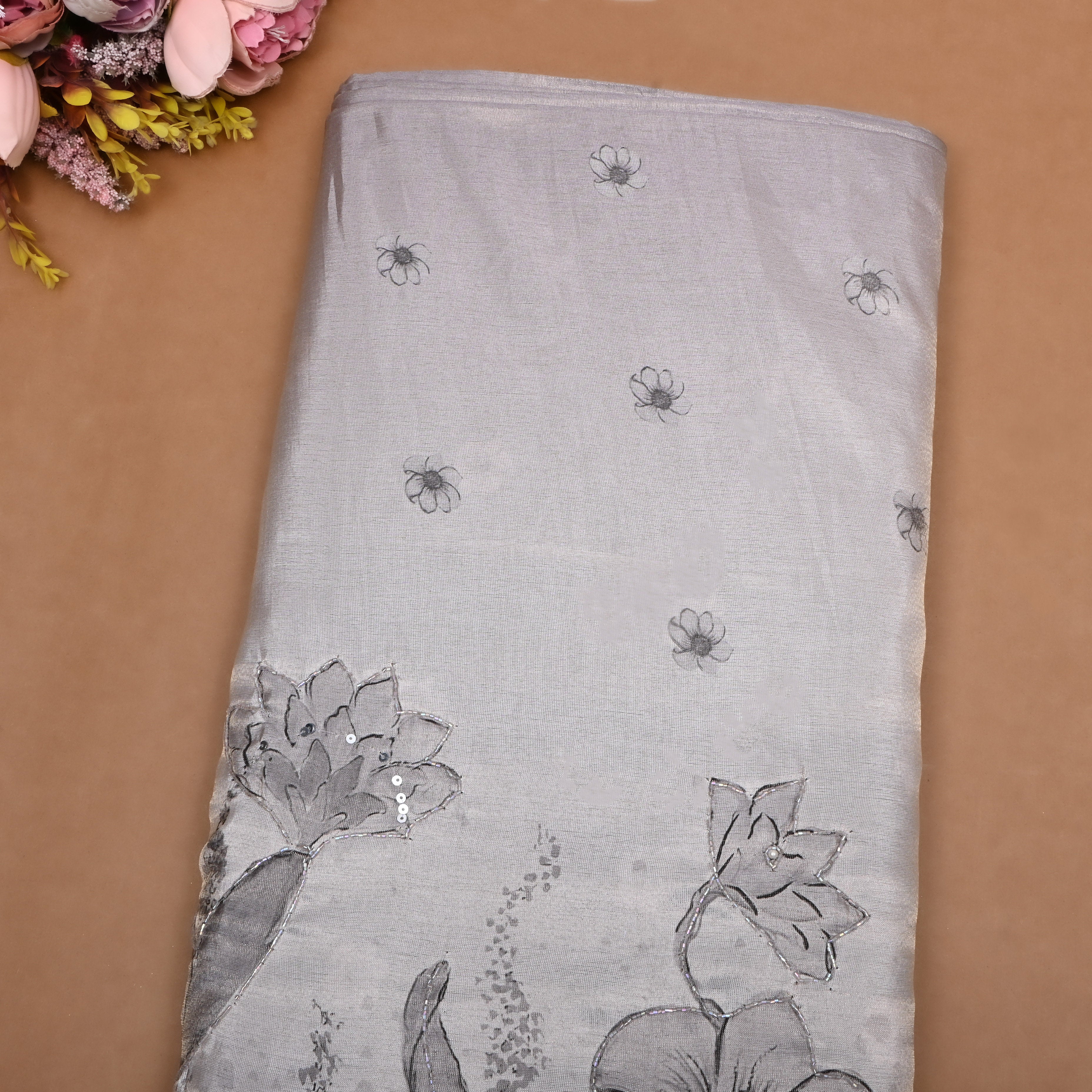 Silver Grey Floral Printed Tissue Fabric