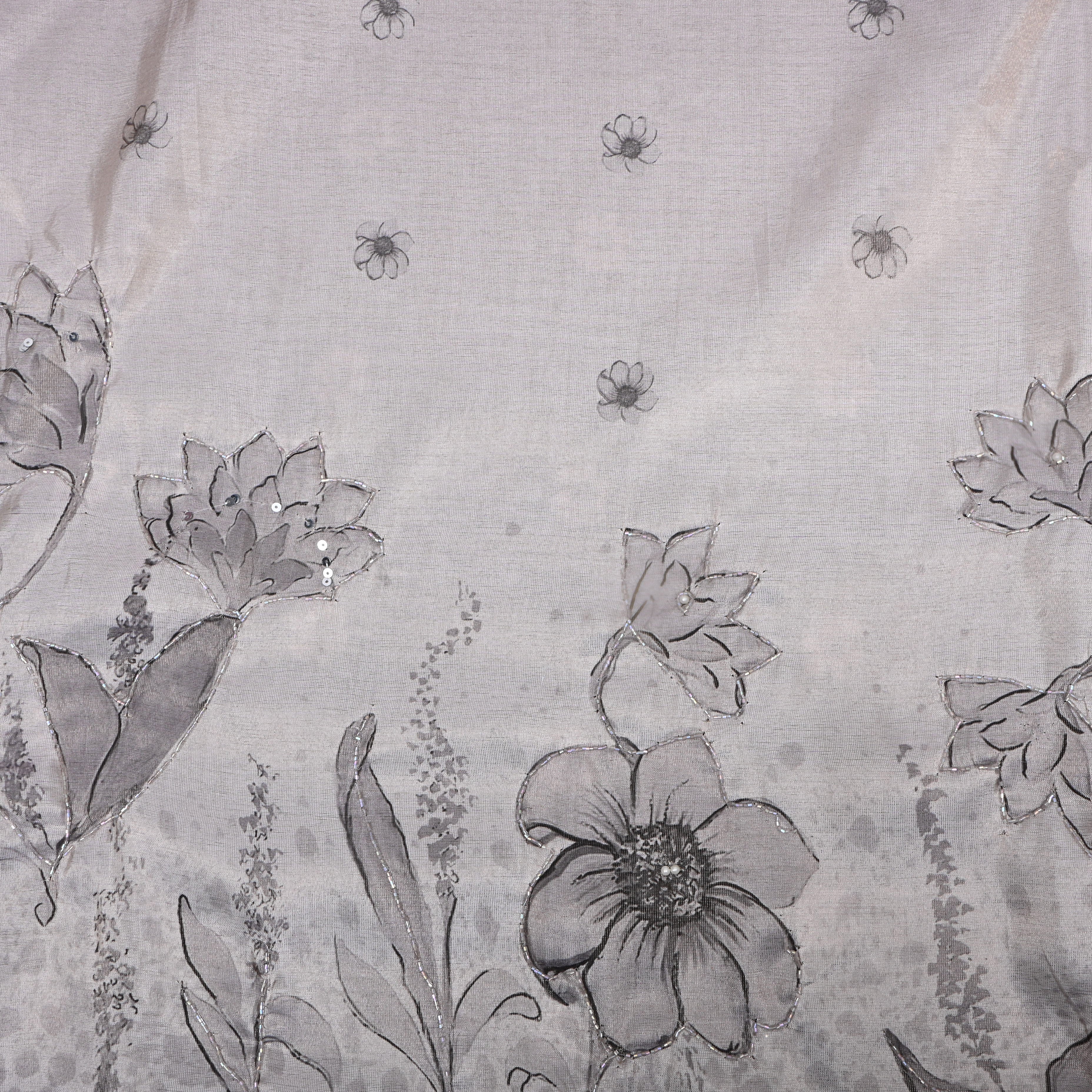 Silver Grey Floral Printed Tissue Fabric