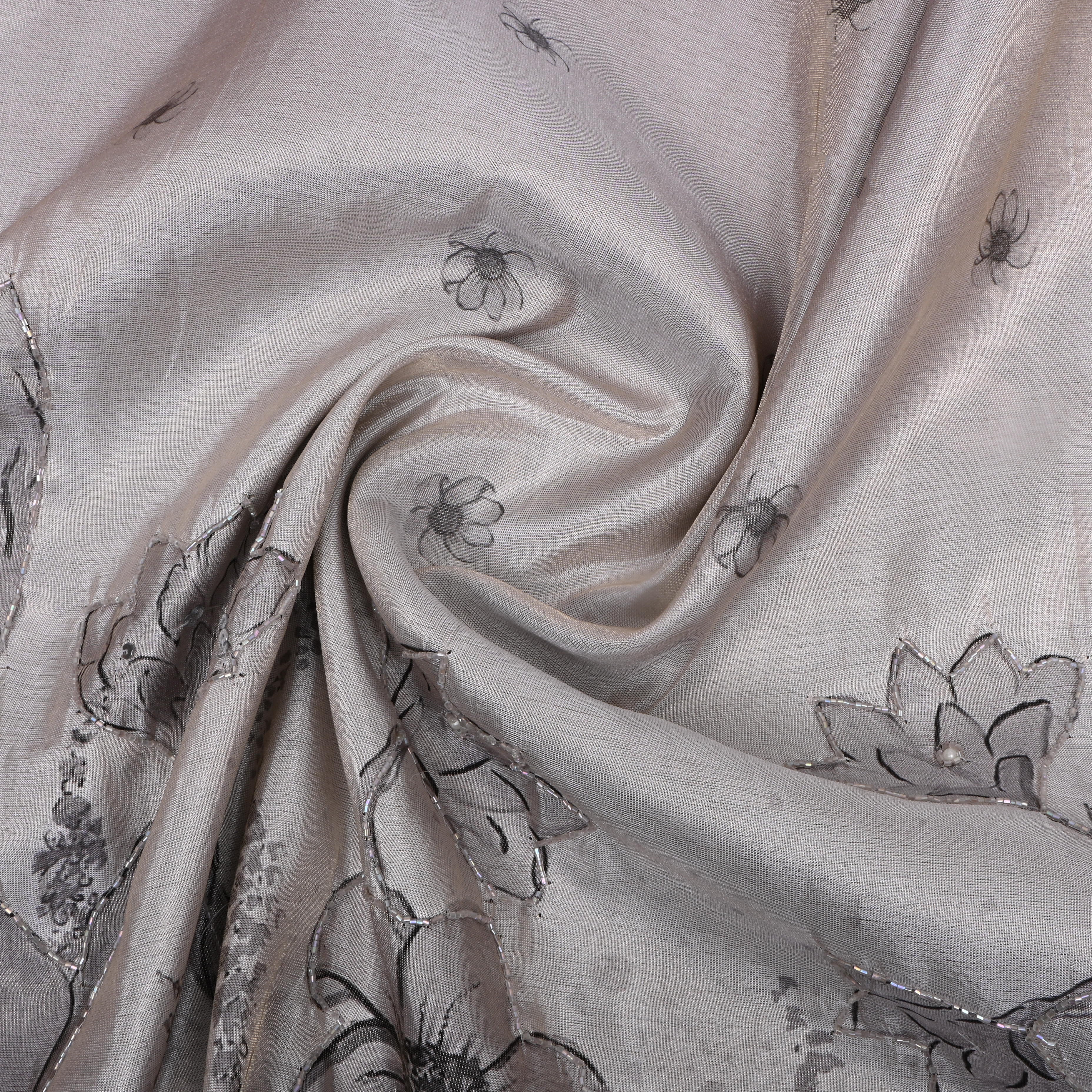 Silver Grey Floral Printed Tissue Fabric