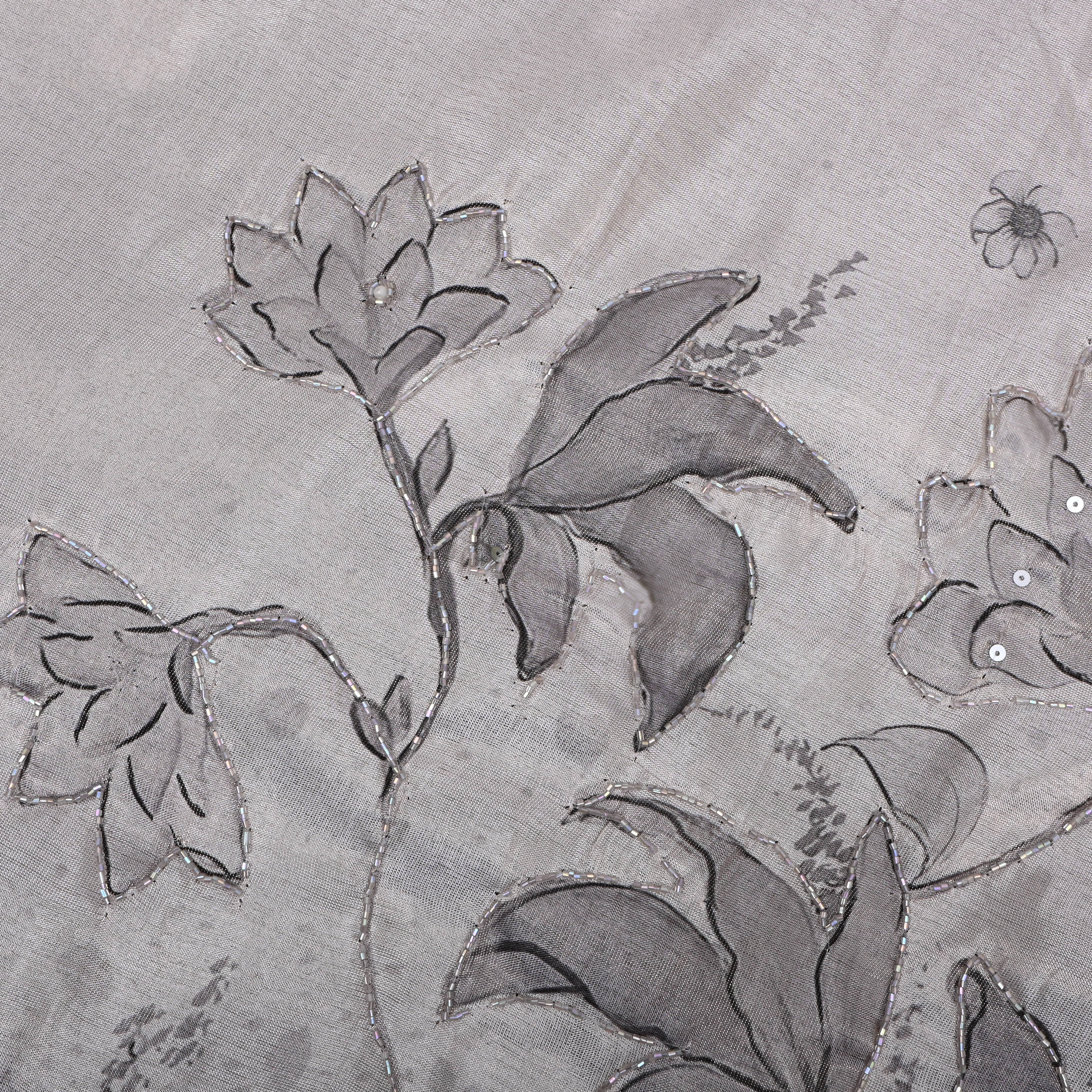 Silver Grey Floral Printed Tissue Fabric