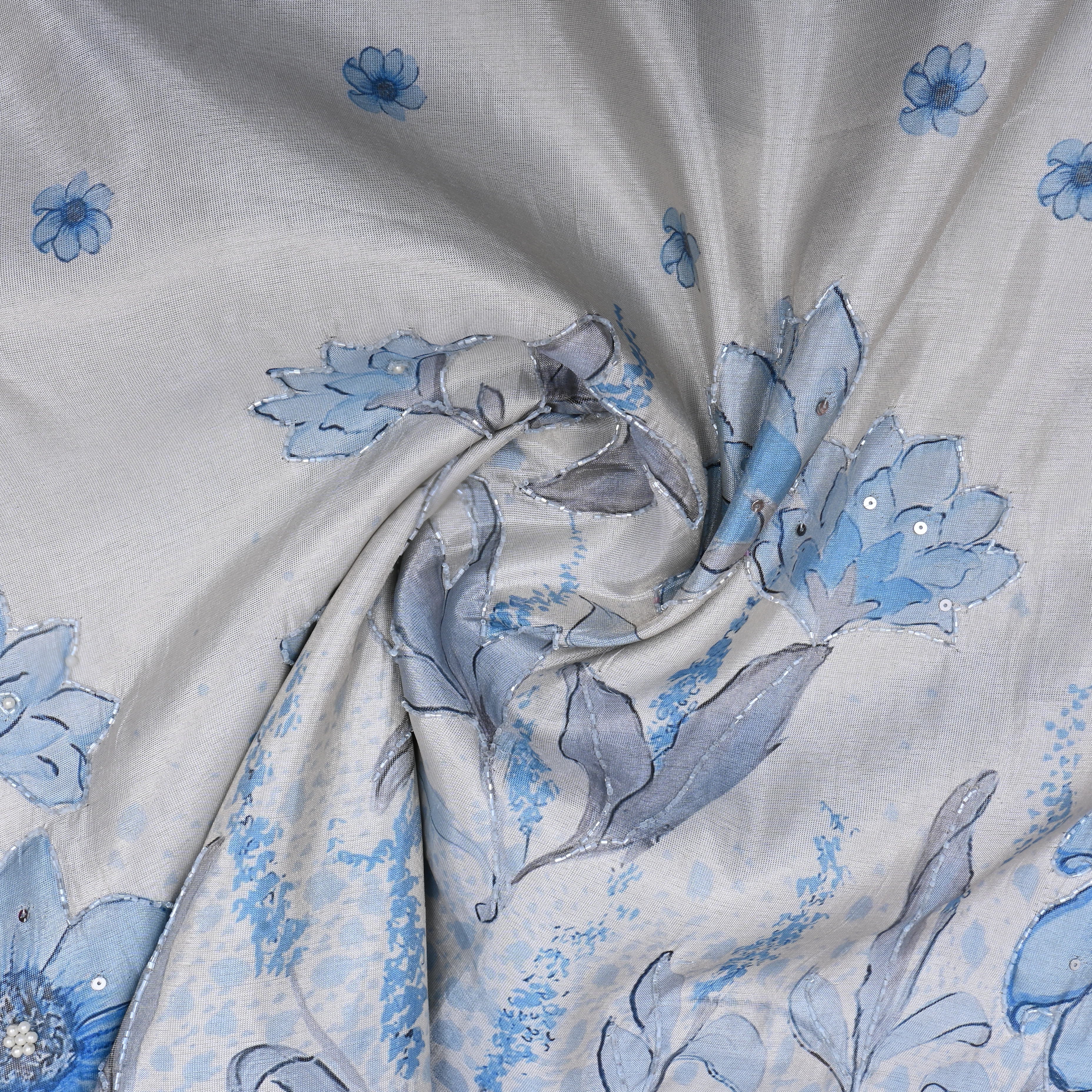 Pastel Blue Floral Printed Tissue Fabric