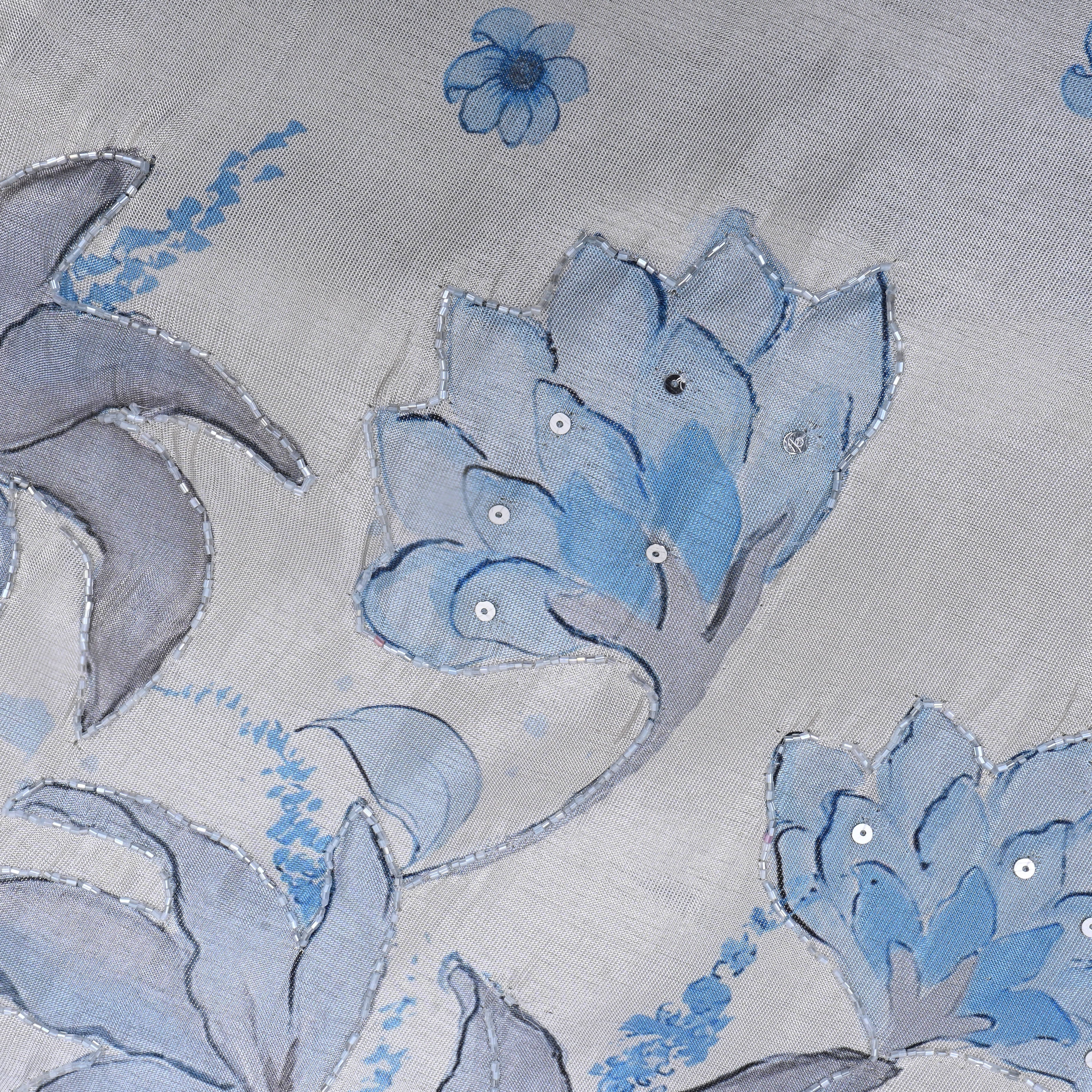 Pastel Blue Floral Printed Tissue Fabric