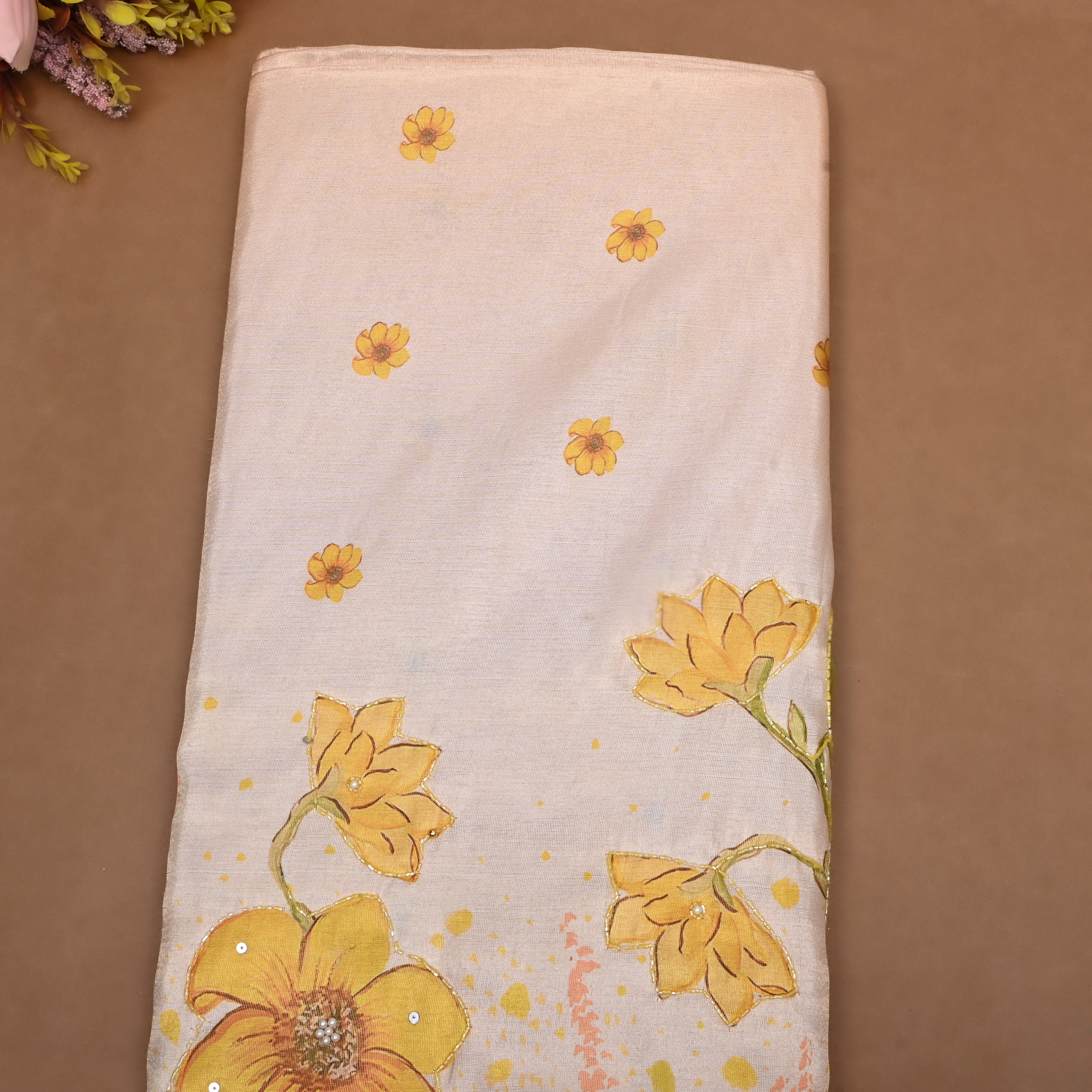 White And Yellow Floral Printed Tissue Fabric