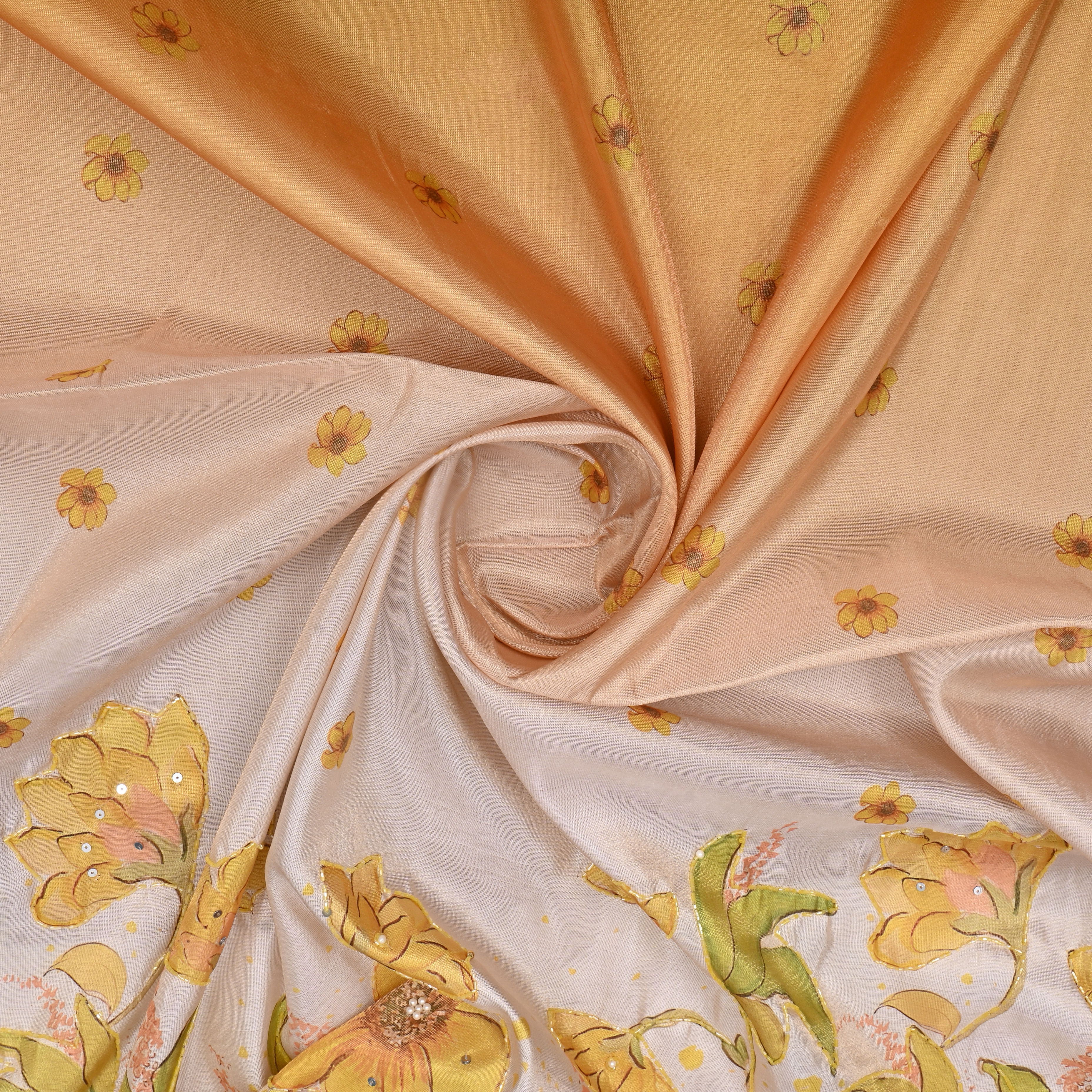 White And Yellow Floral Printed Tissue Fabric