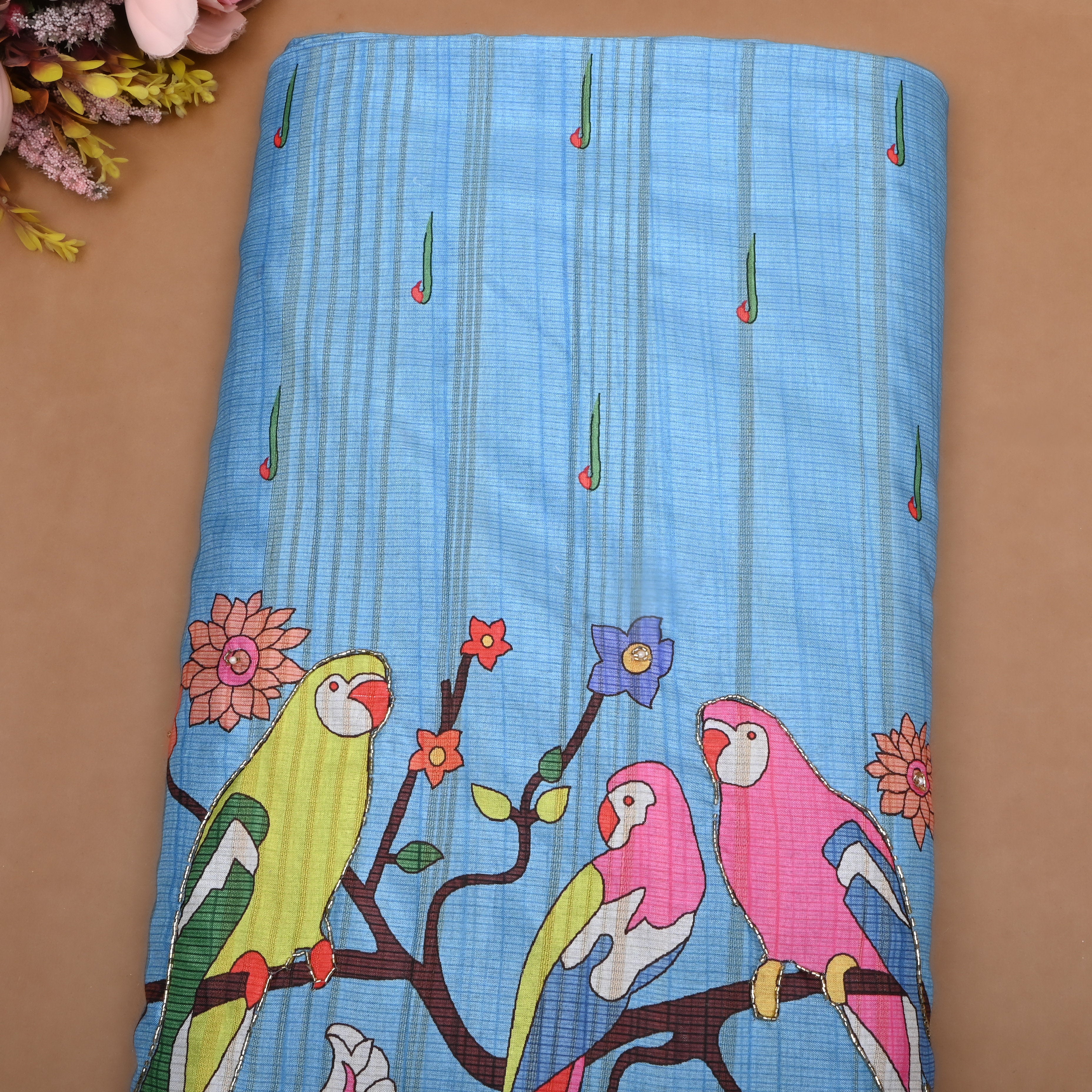 Sky Blue Paithani Print Dupion Silk Fabric