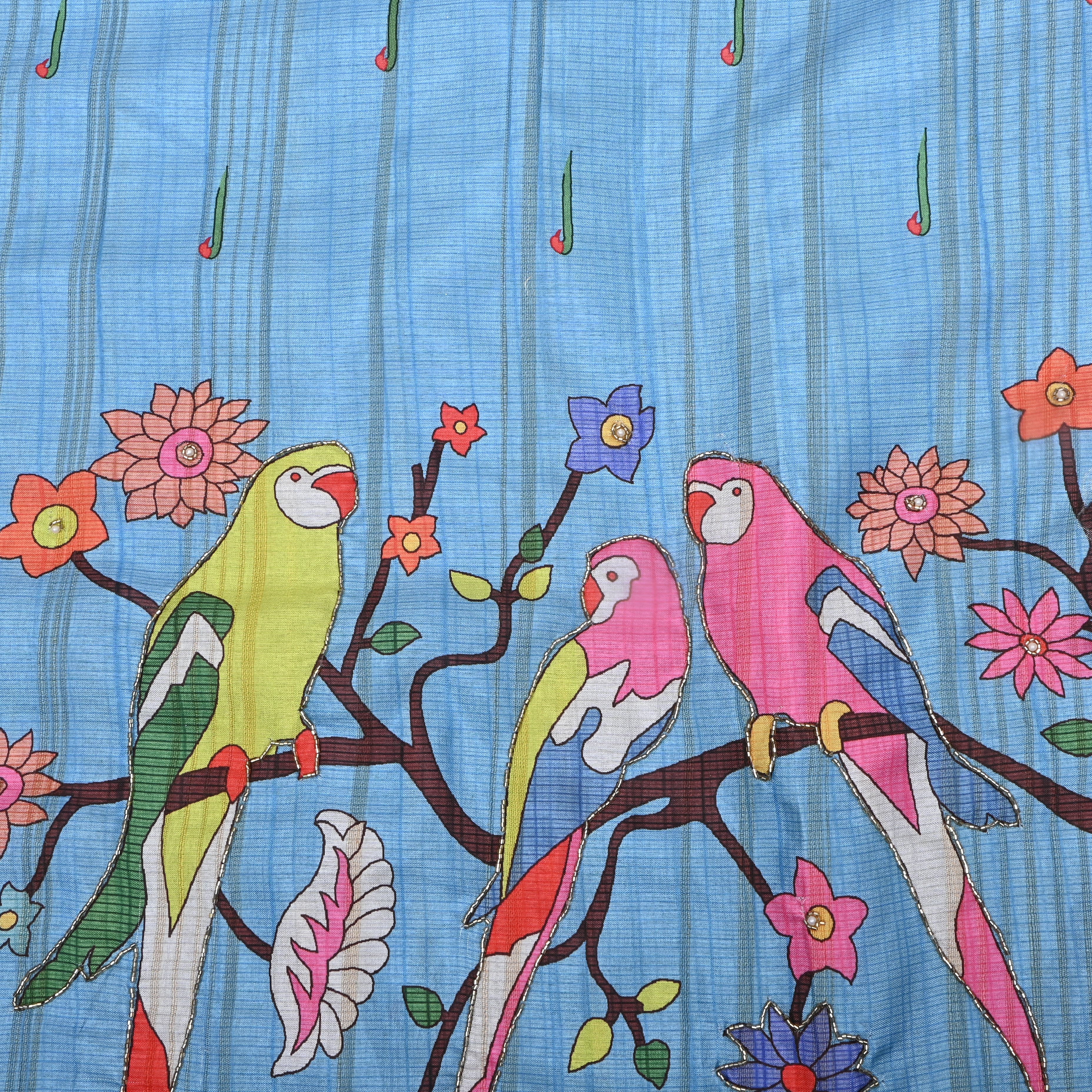 Sky Blue Paithani Print Dupion Silk Fabric
