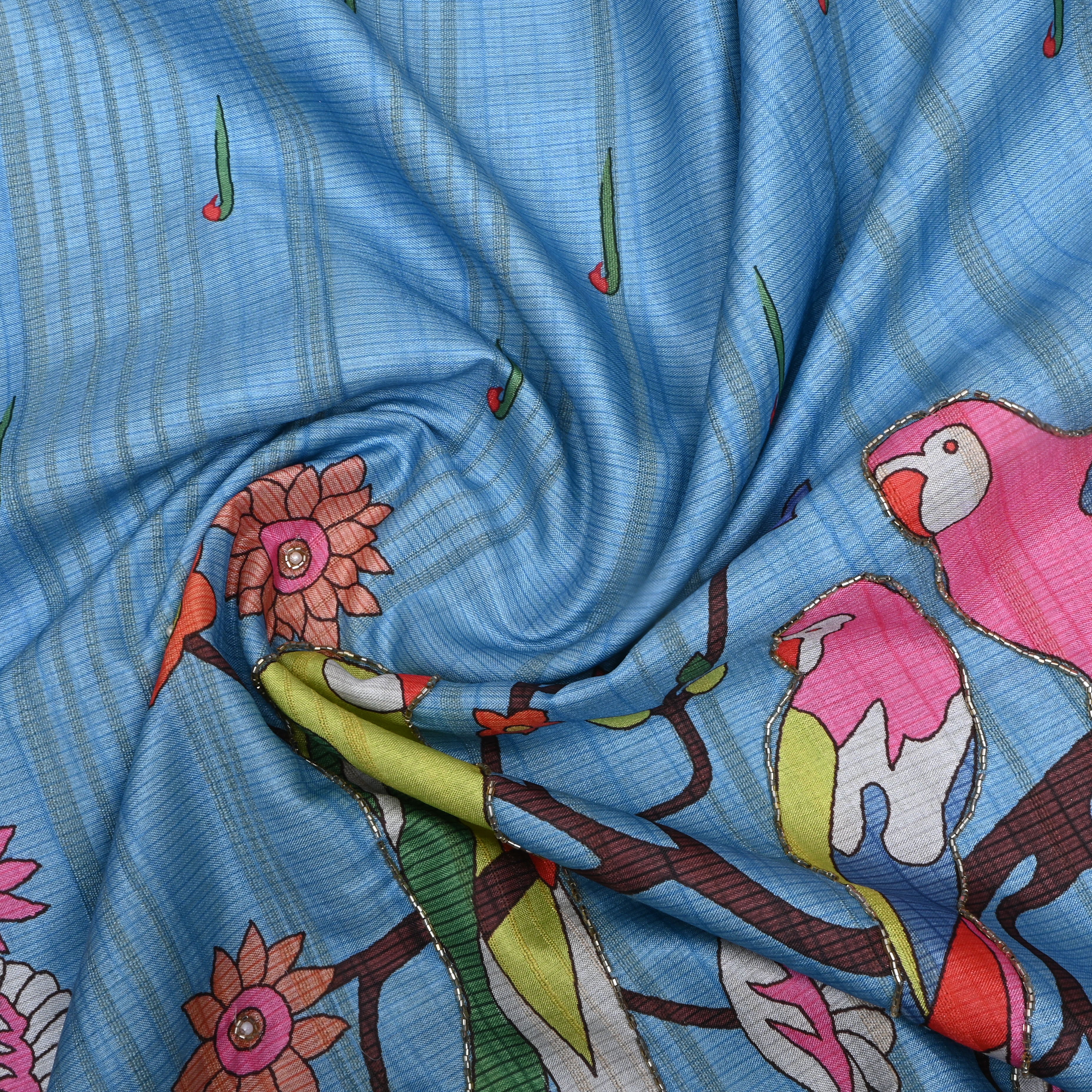 Sky Blue Paithani Print Dupion Silk Fabric
