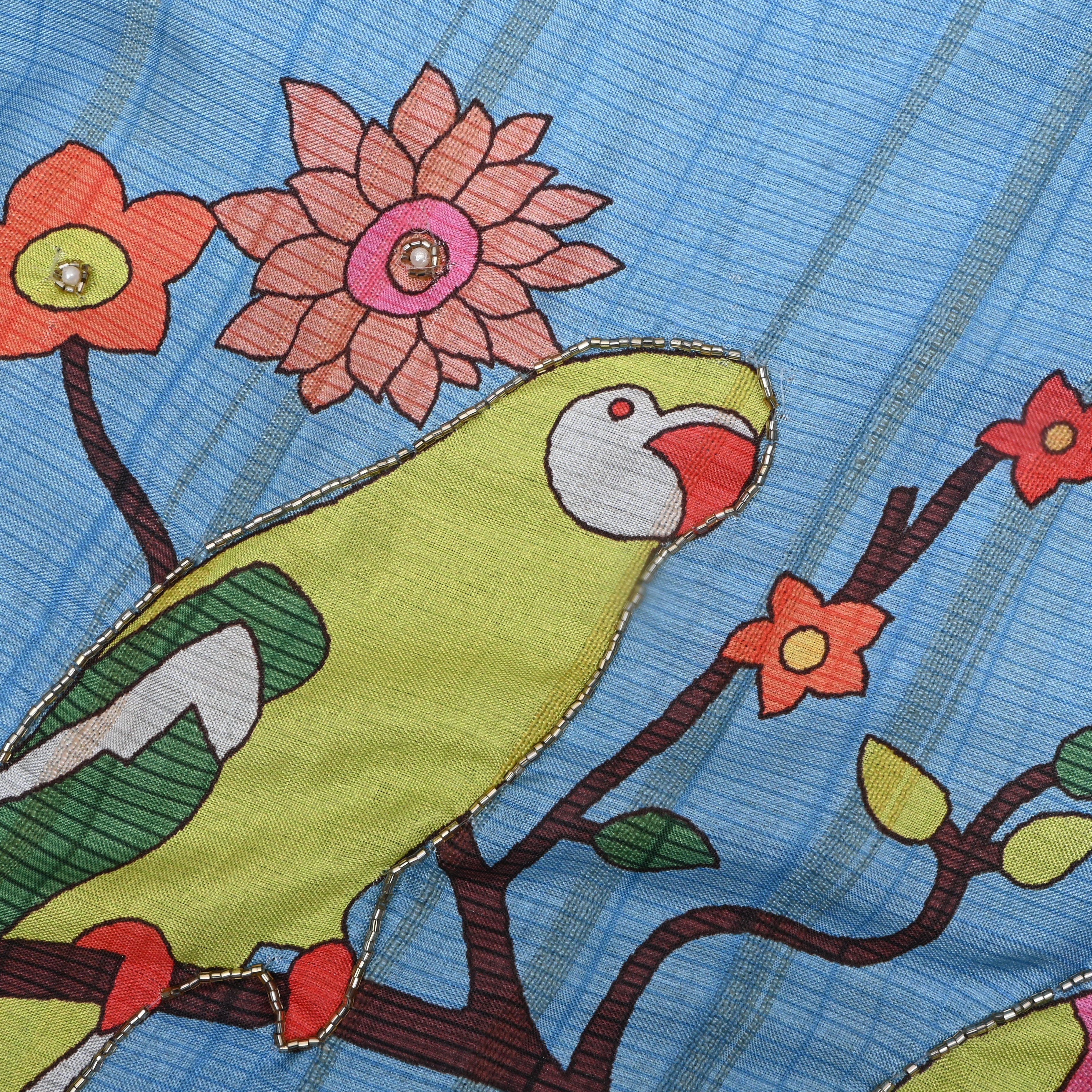 Sky Blue Paithani Print Dupion Silk Fabric