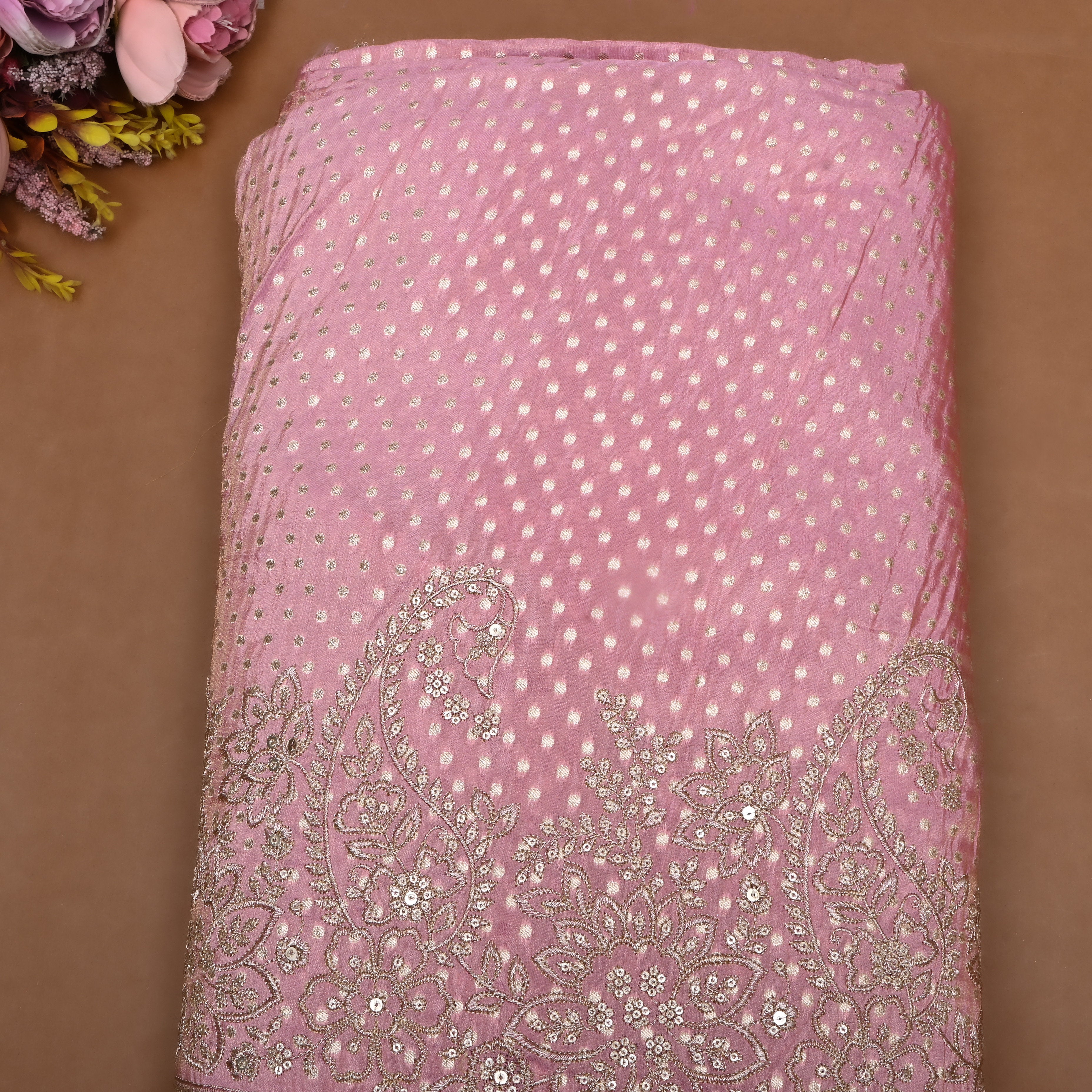 Metallic Pink Zari Weave Tissue Fabric