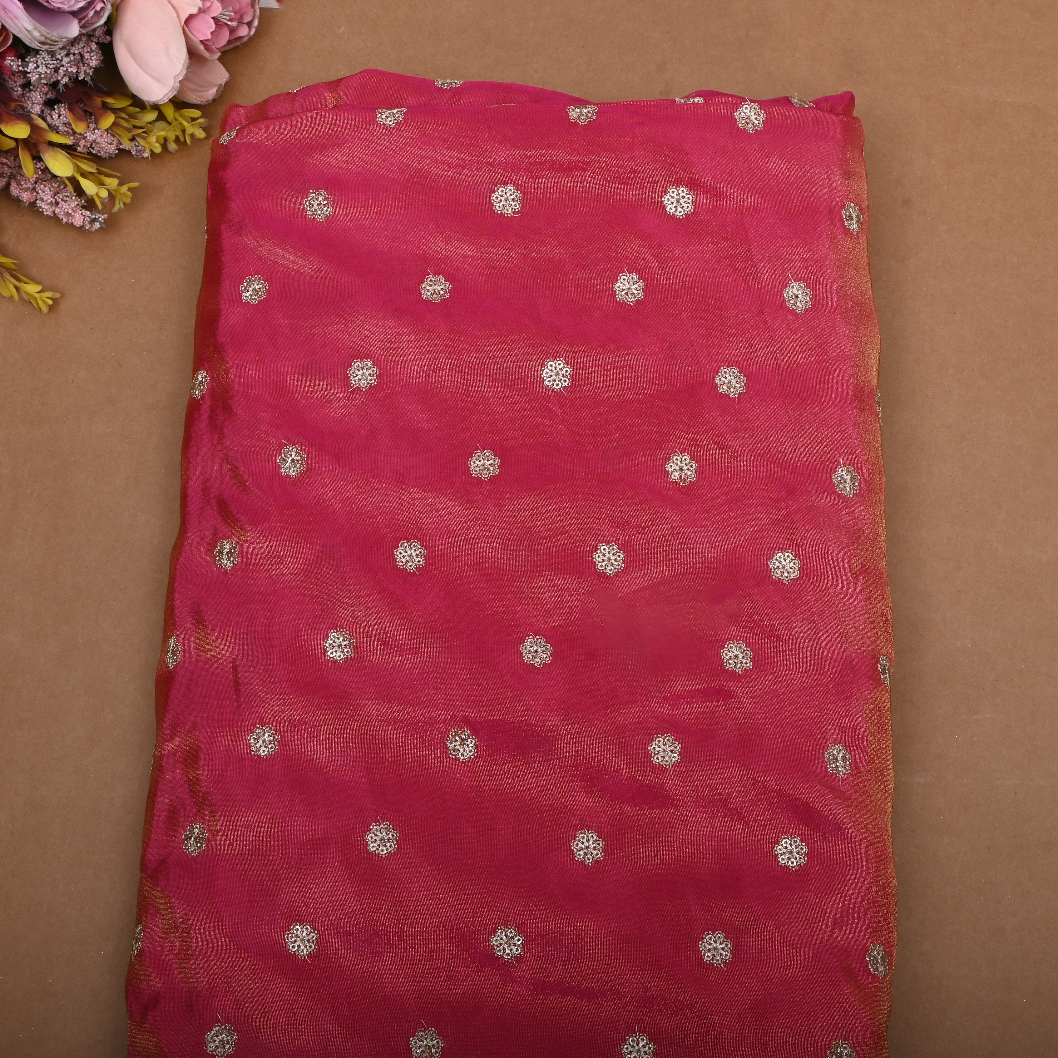 Pink Zari Embroidered Tissue Fabric