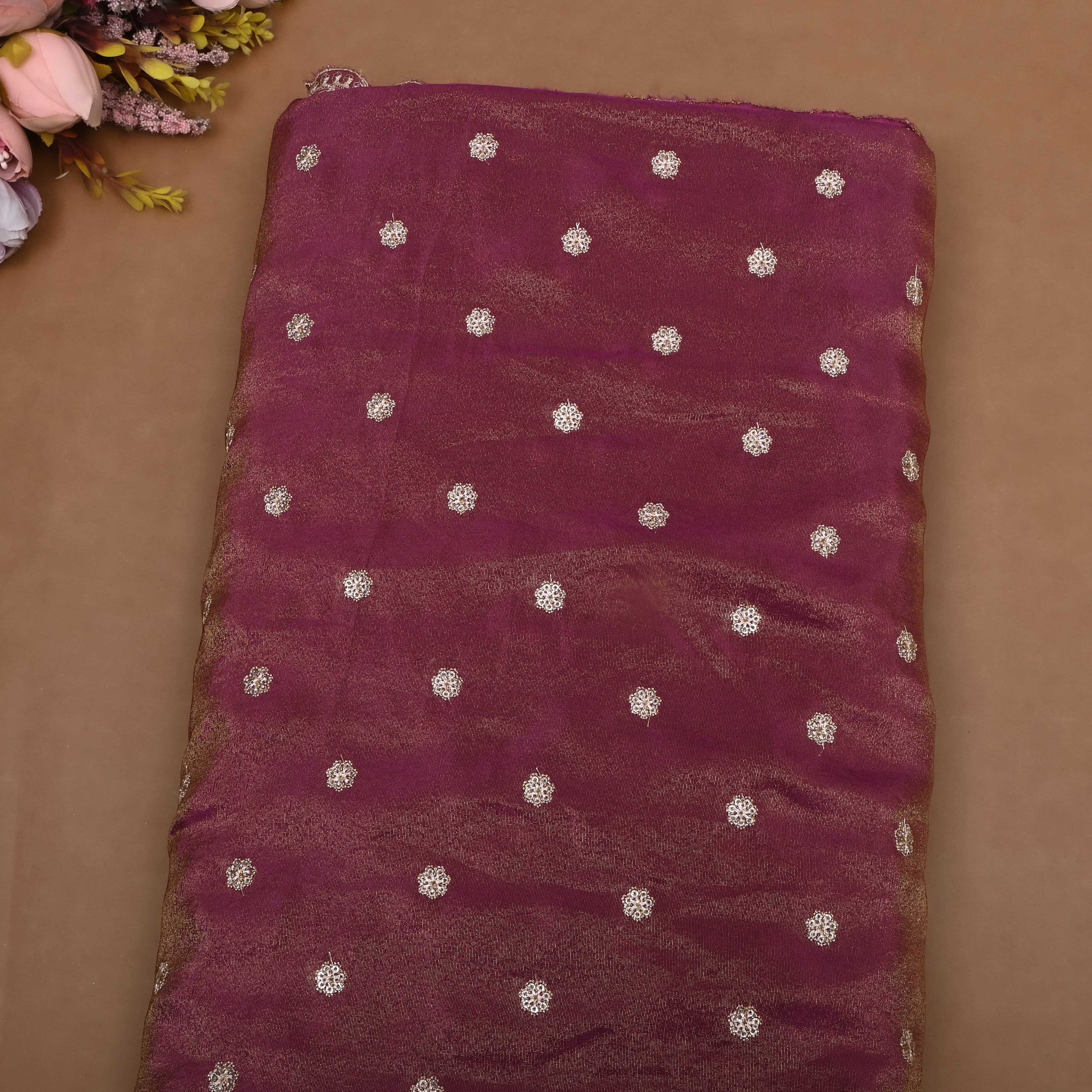 Deep Mauve Zari Embroidered Tissue Fabric
