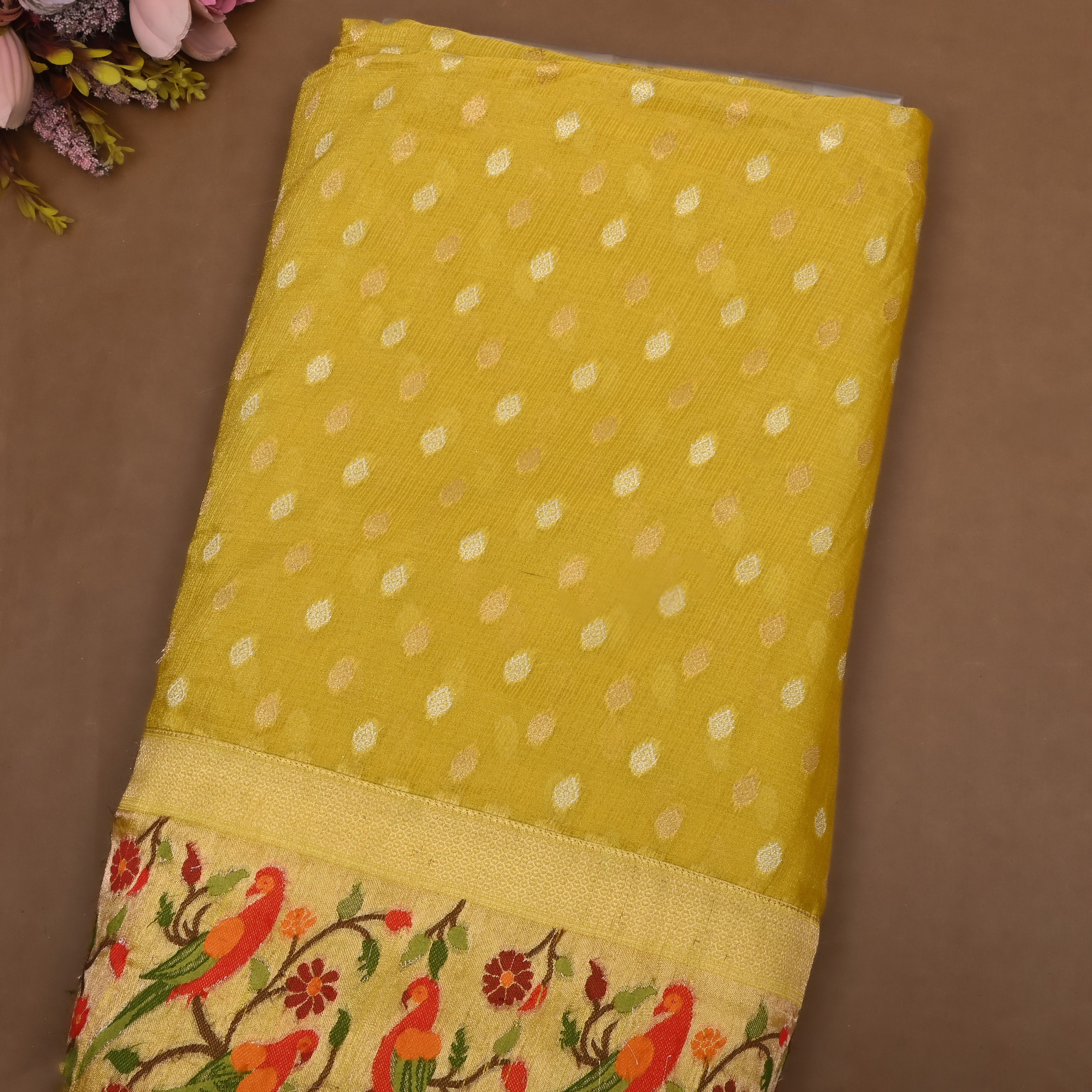 Yellow Paithani Weave Tissue Fabric