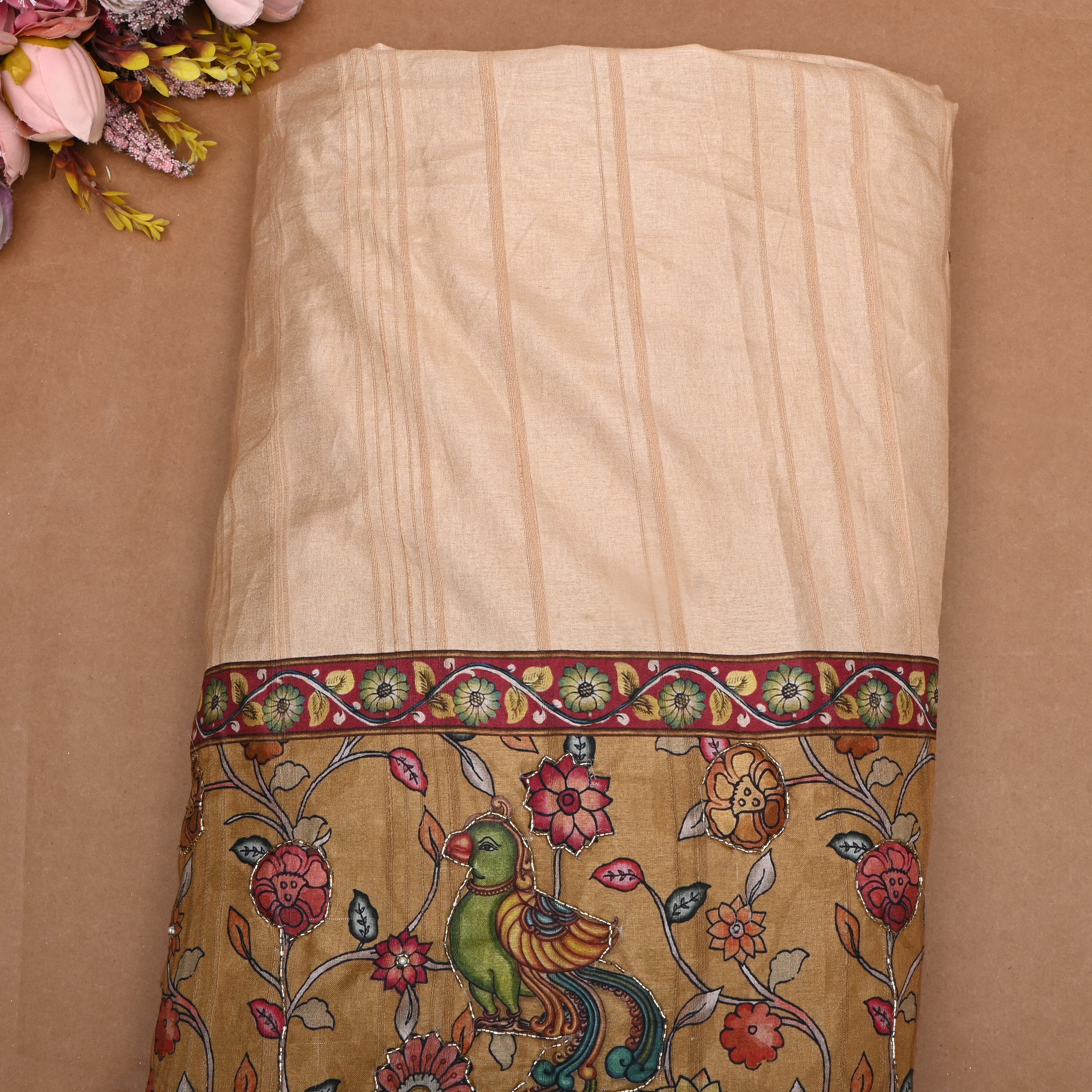 Off White Paithani Printed Dupion Silk Fabric