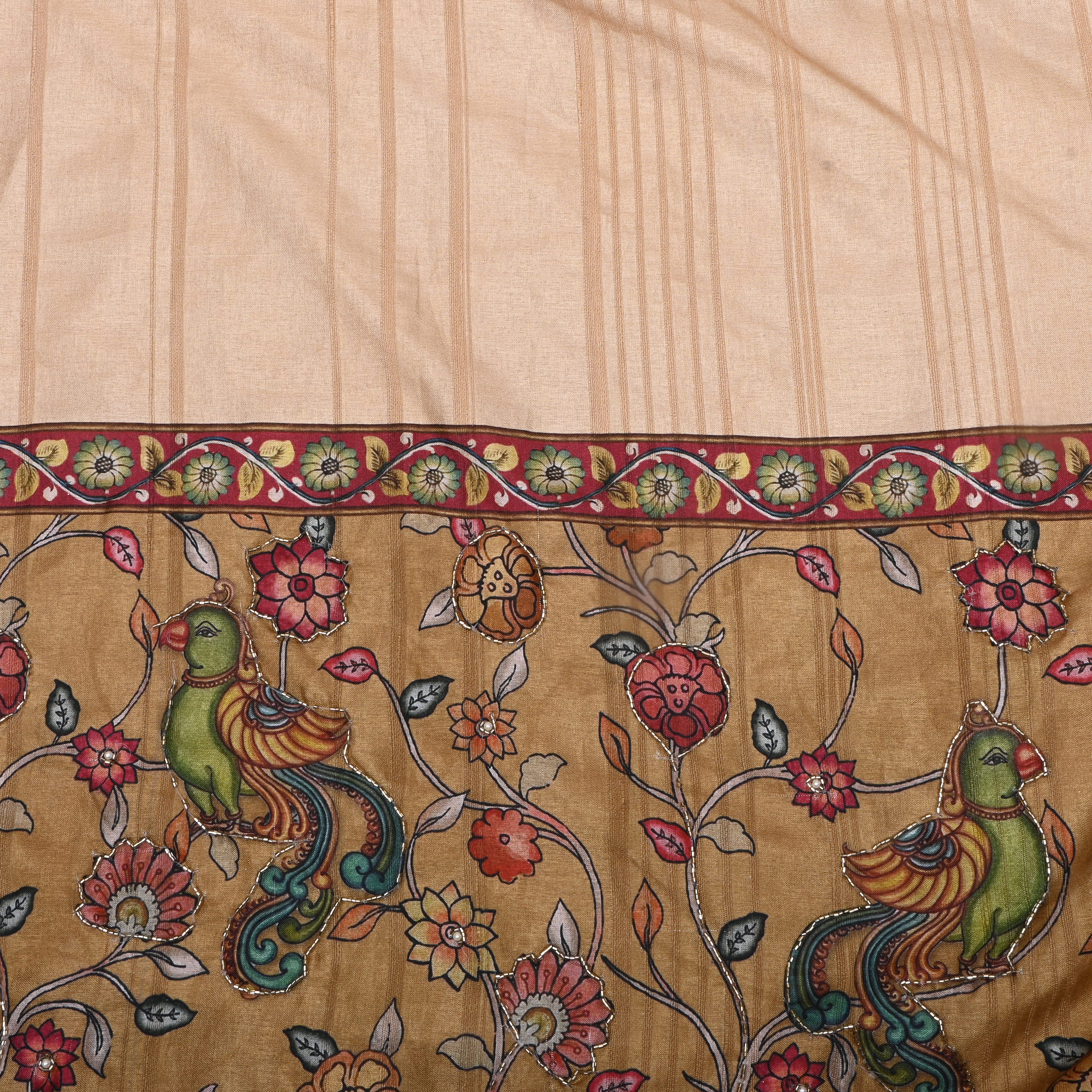 Off White Paithani Printed Dupion Silk Fabric