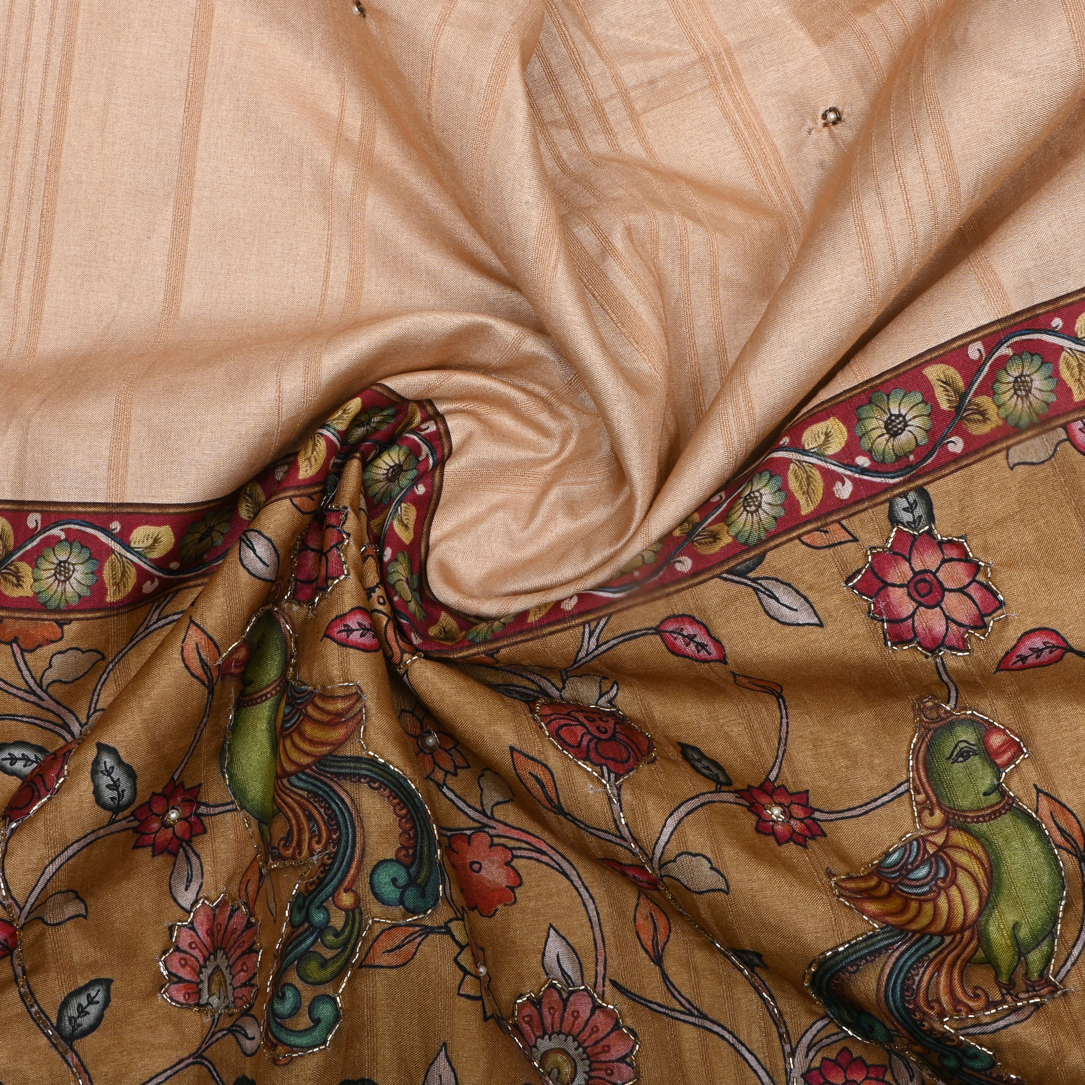 Off White Paithani Printed Dupion Silk Fabric