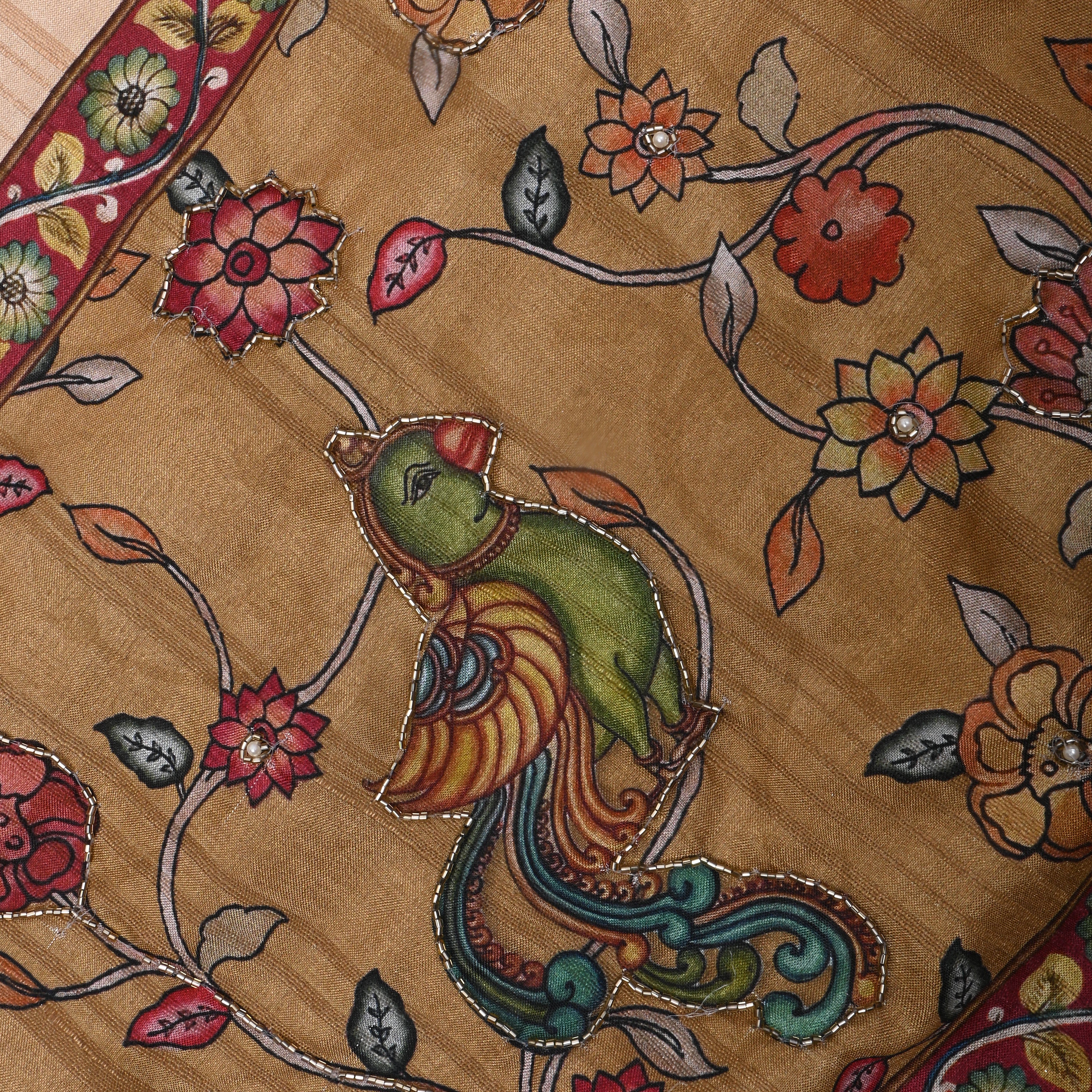 Off White Paithani Printed Dupion Silk Fabric