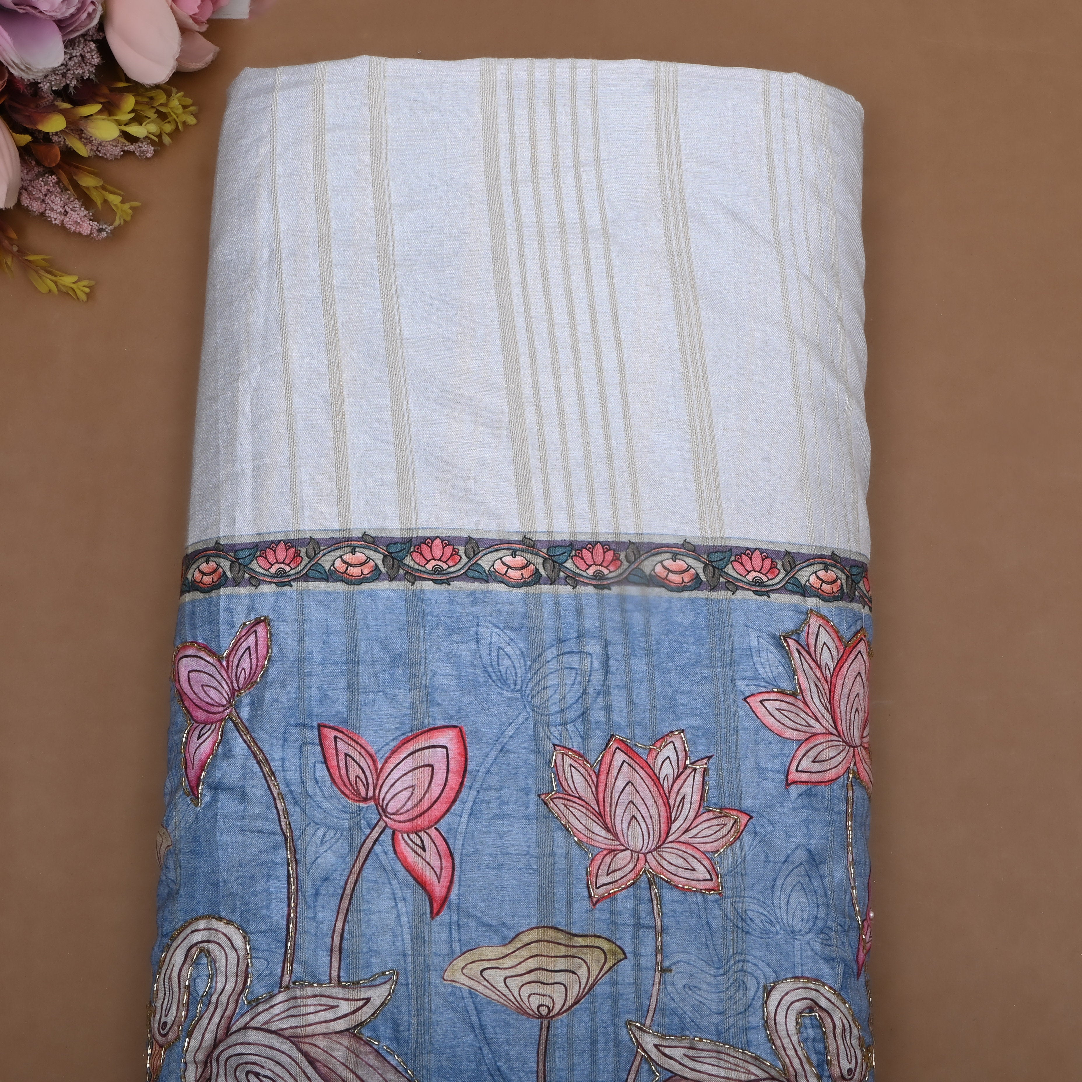 Steel Blue Paithani Printed Dupion Silk Fabric