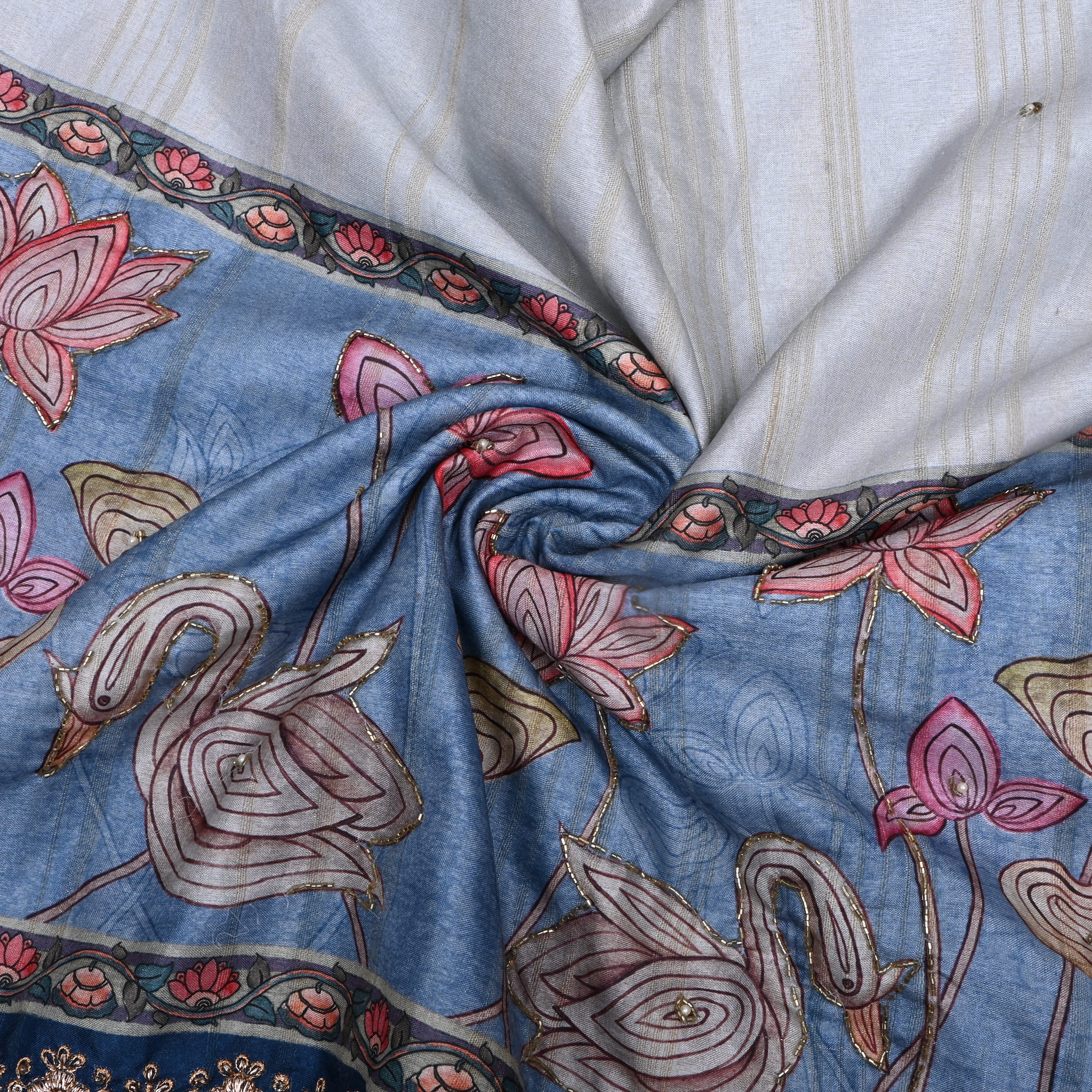 Steel Blue Paithani Printed Dupion Silk Fabric