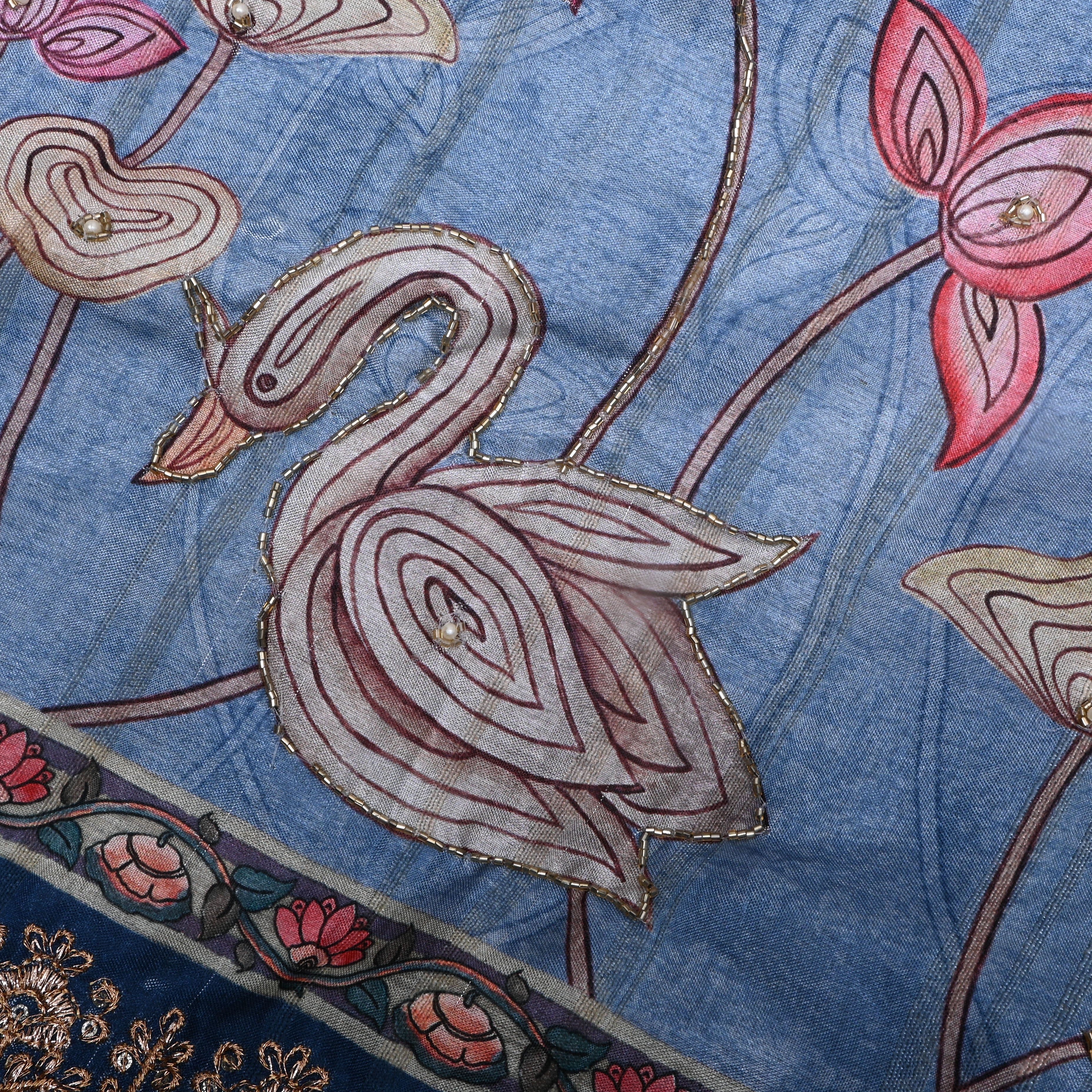 Steel Blue Paithani Printed Dupion Silk Fabric