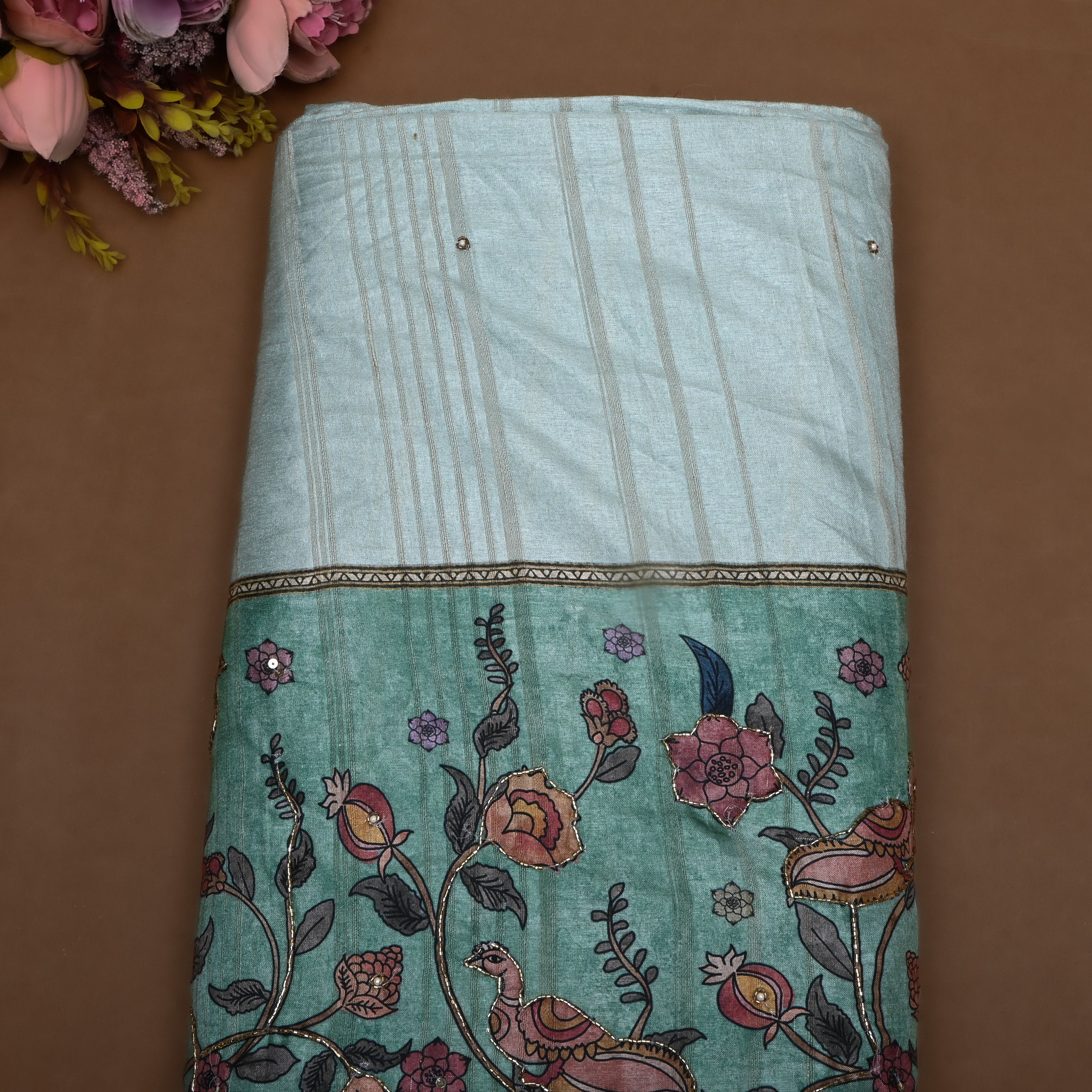 Turquoise Paithani Printed Dupion Silk Fabric