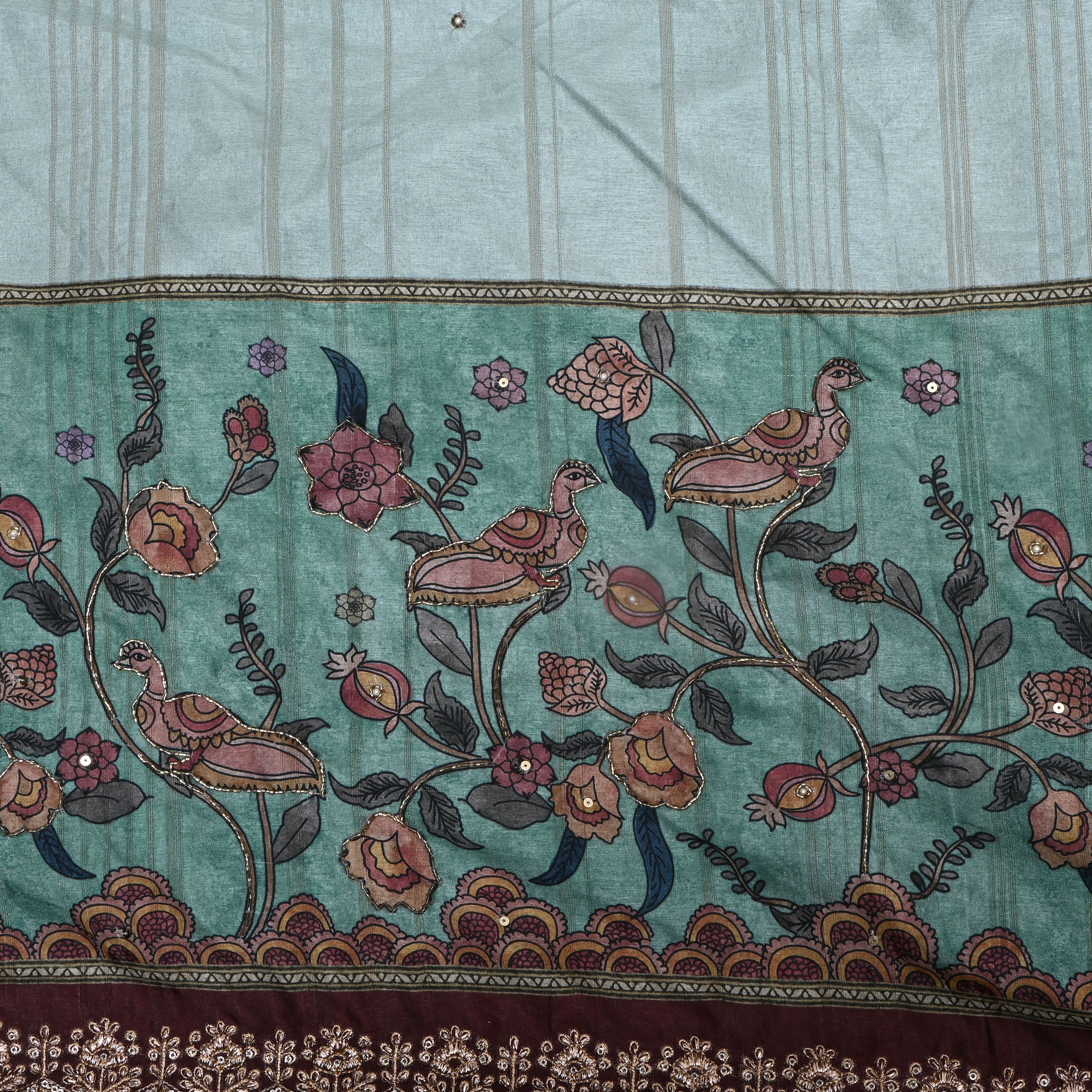 Turquoise Paithani Printed Dupion Silk Fabric