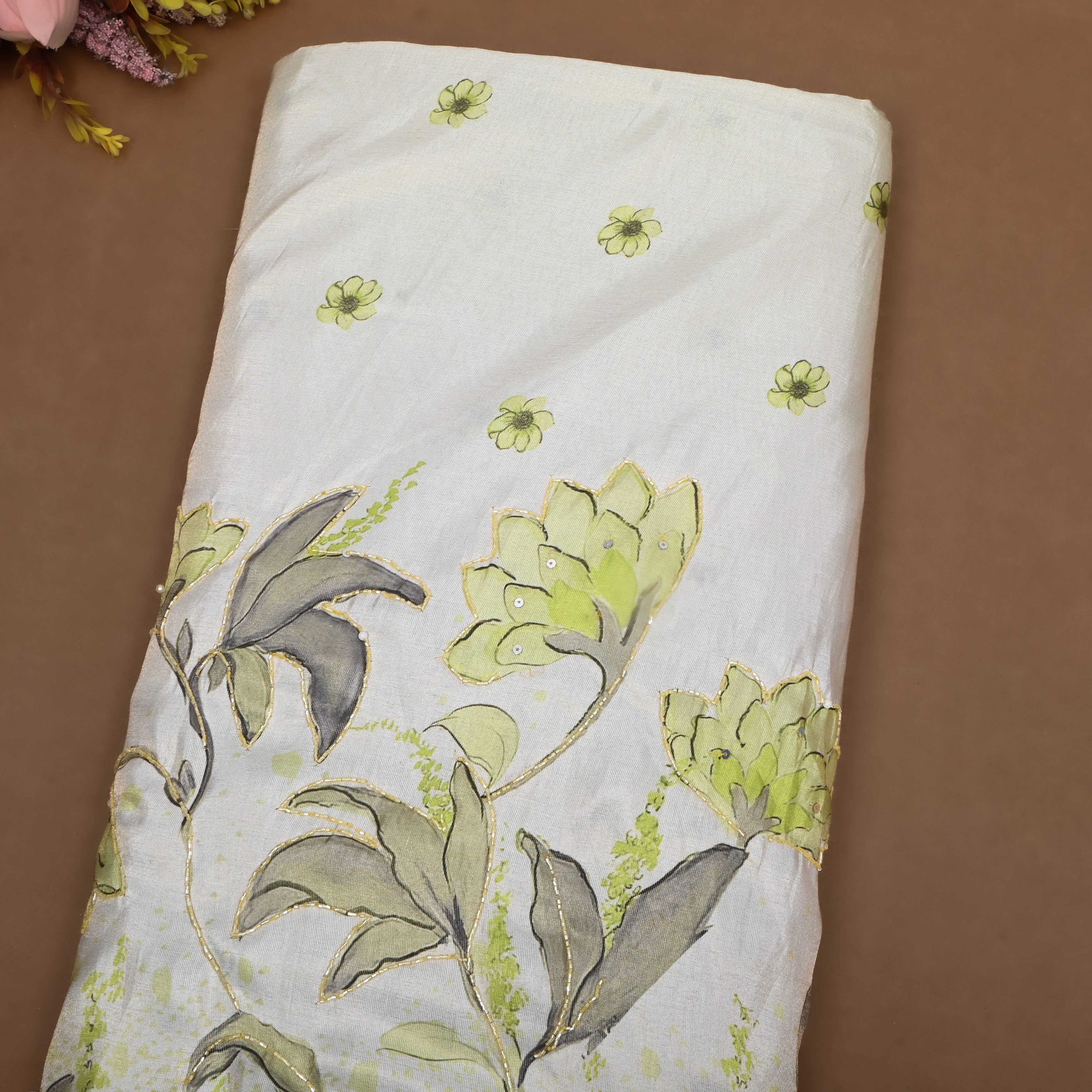 White And Green Floral Printed Tissue Fabric