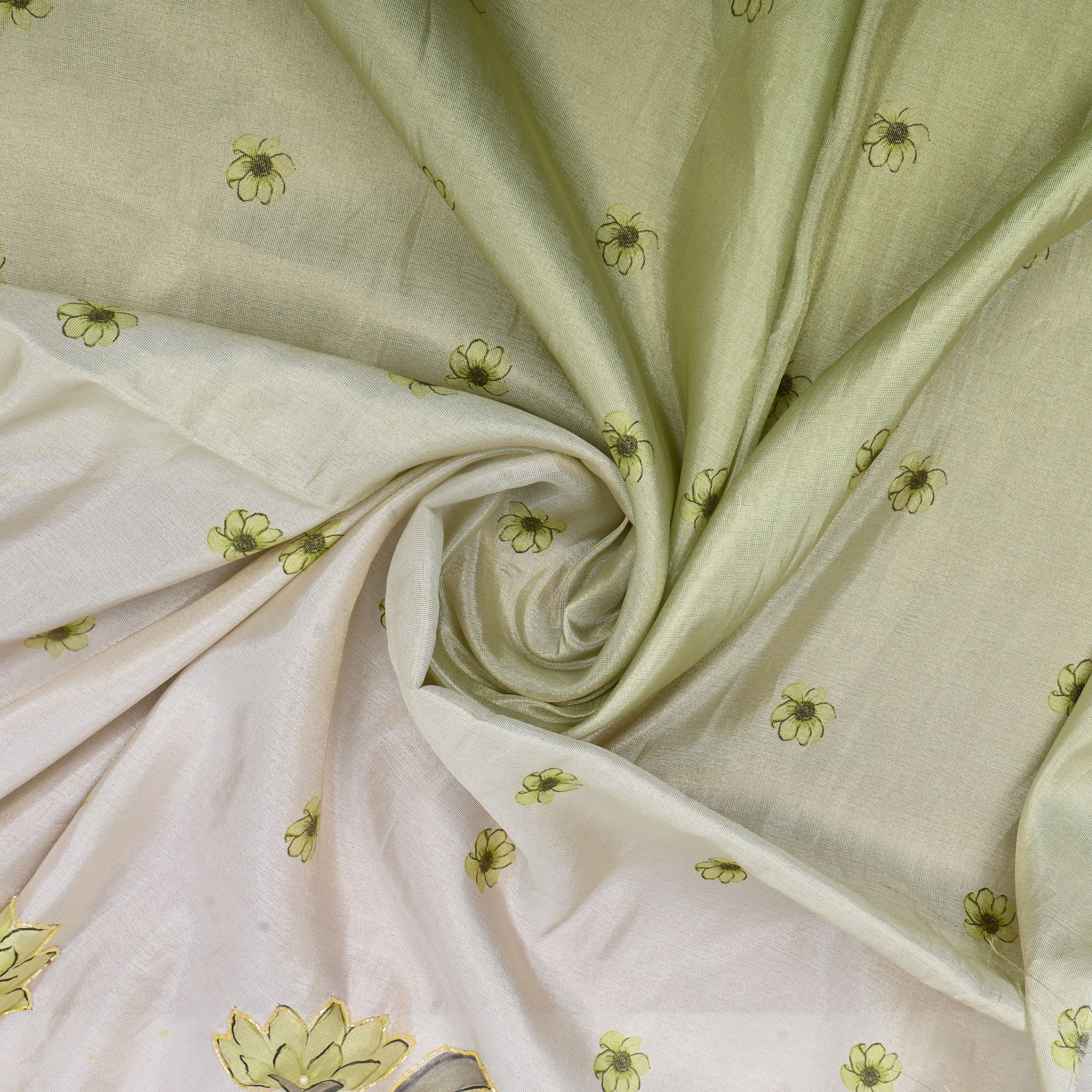 White And Green Floral Printed Tissue Fabric