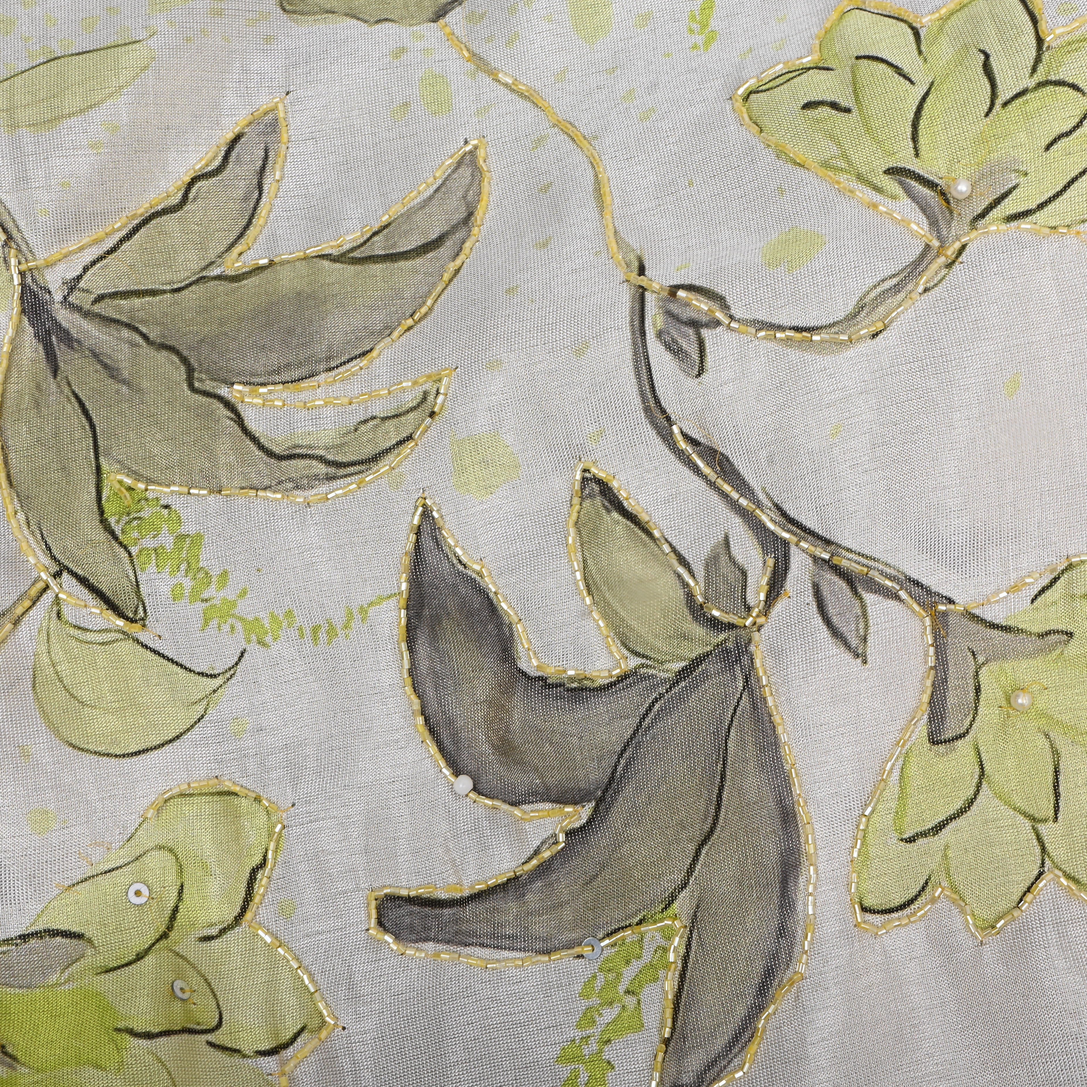 White And Green Floral Printed Tissue Fabric