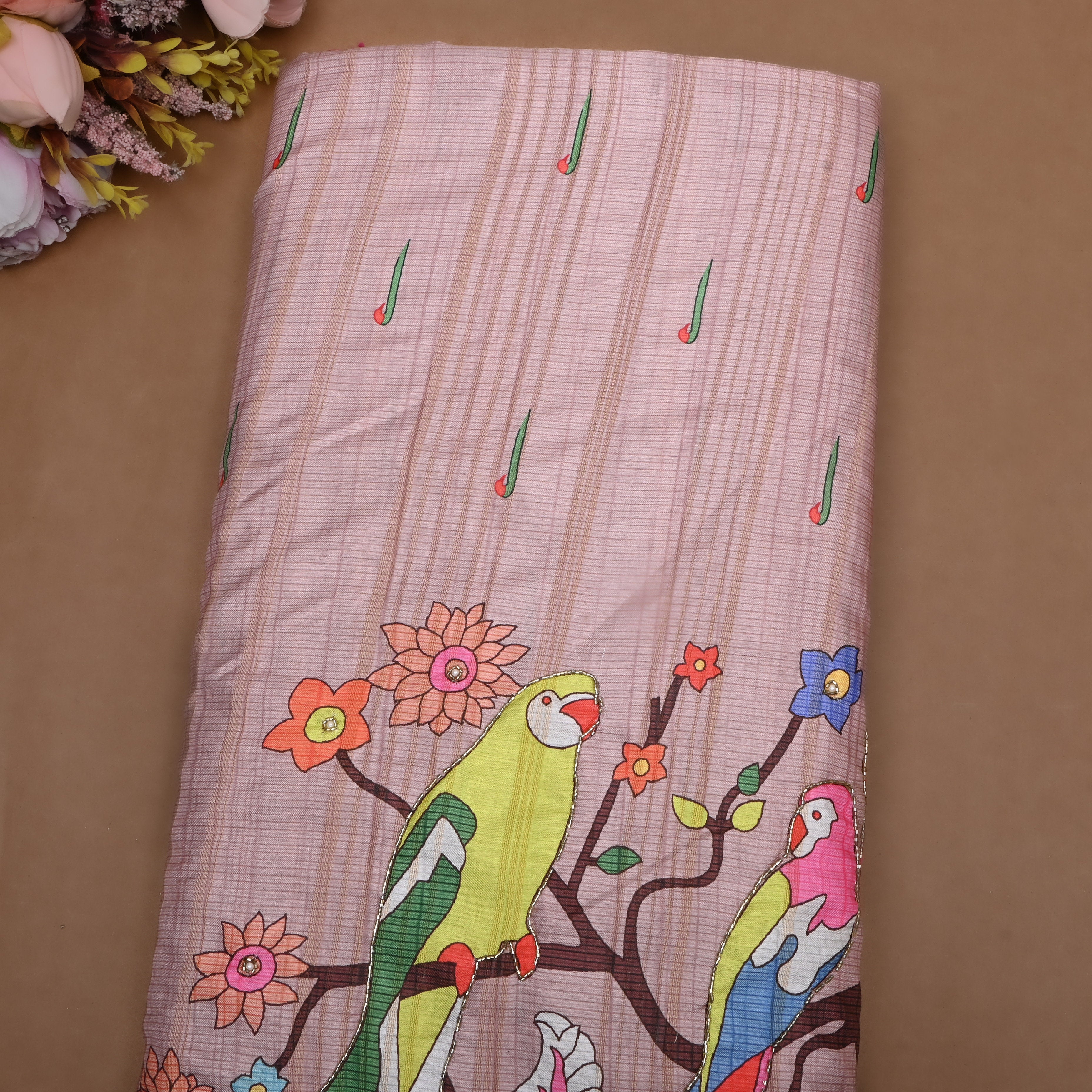 Melon Peach Paithani Print Dupion Silk Fabric