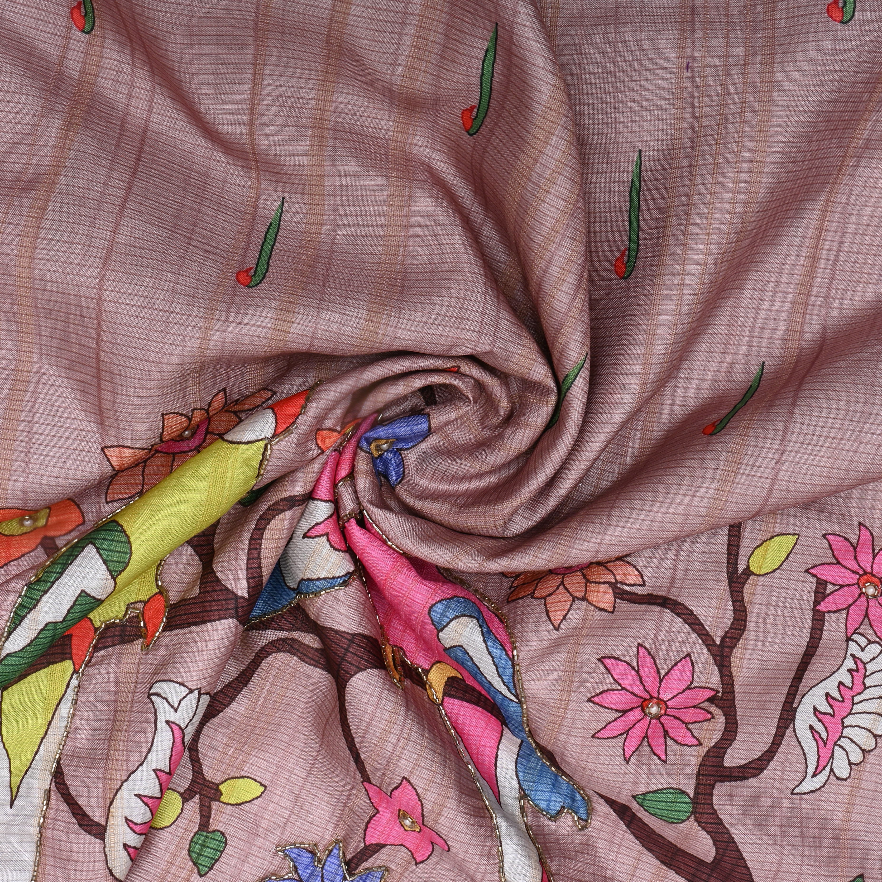 Melon Peach Paithani Print Dupion Silk Fabric