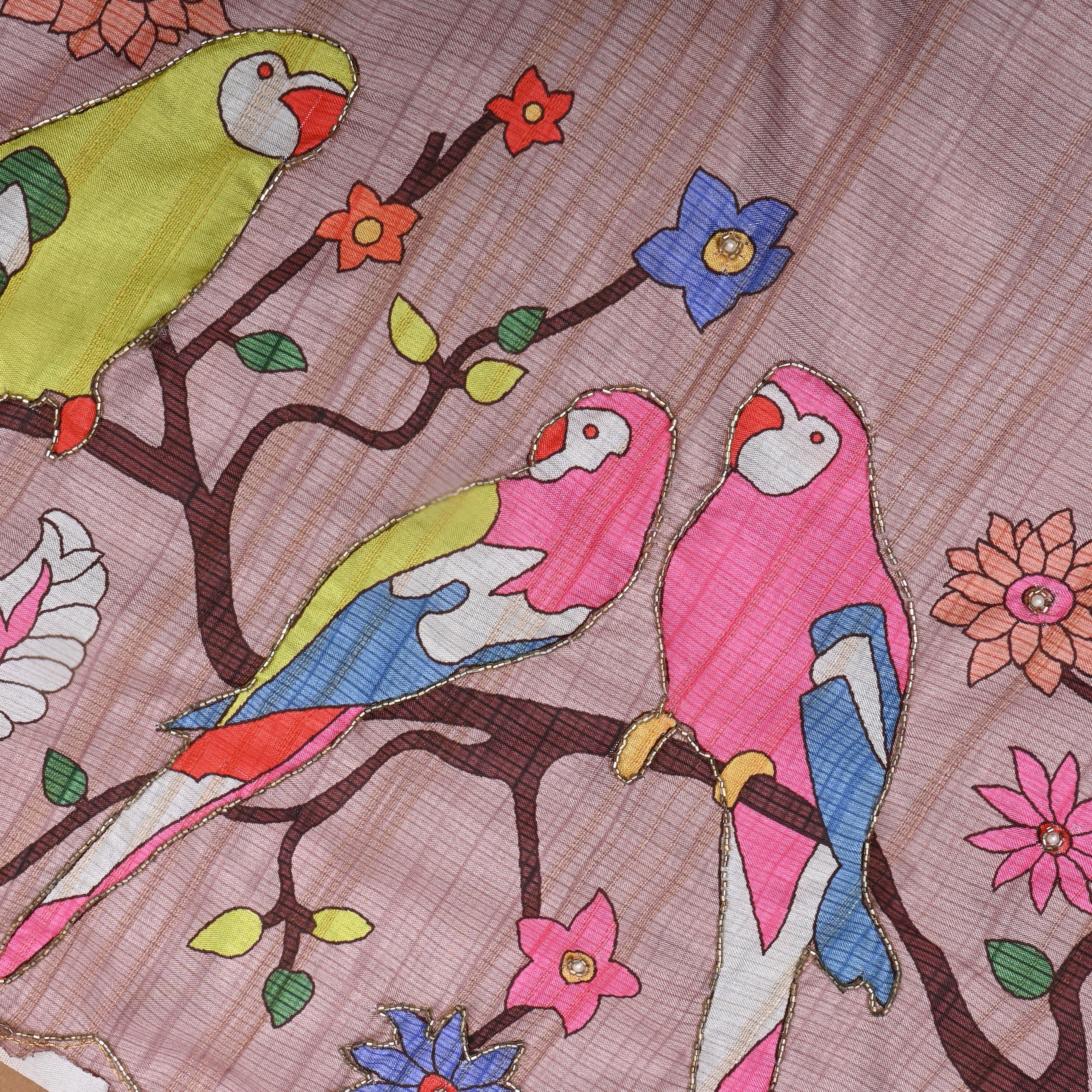 Melon Peach Paithani Print Dupion Silk Fabric