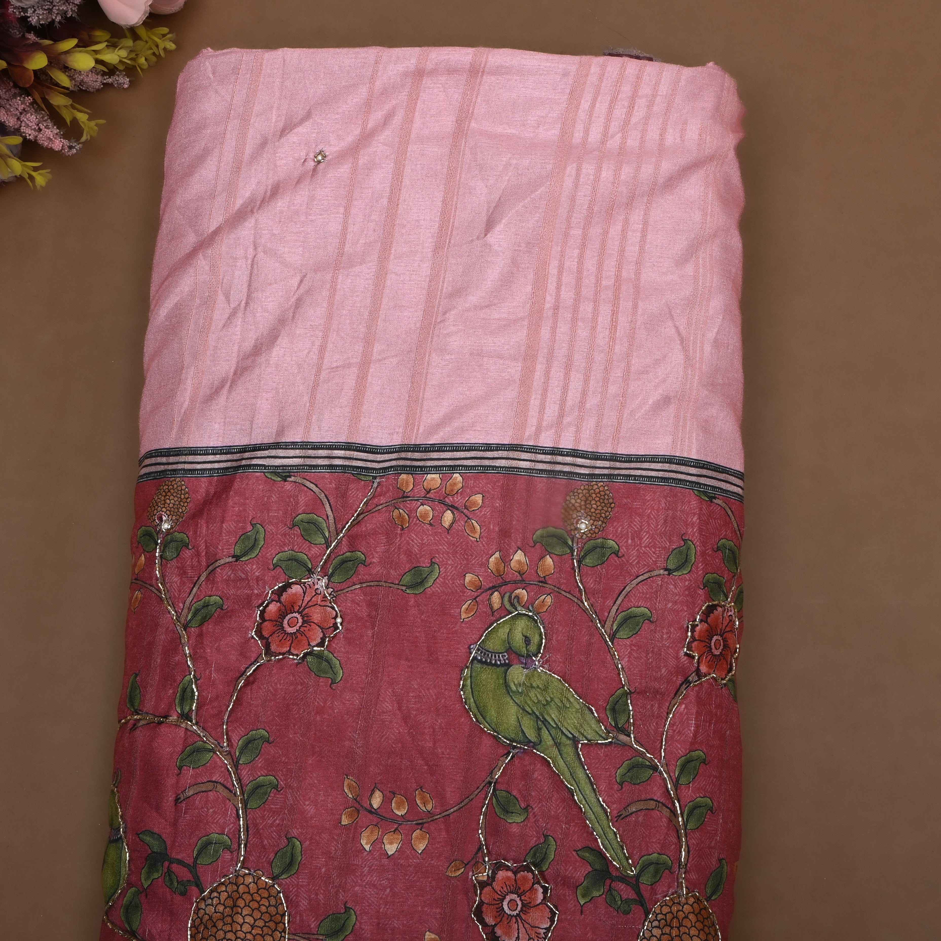 Baby Pink Paithani Printed Dupion Silk Fabric