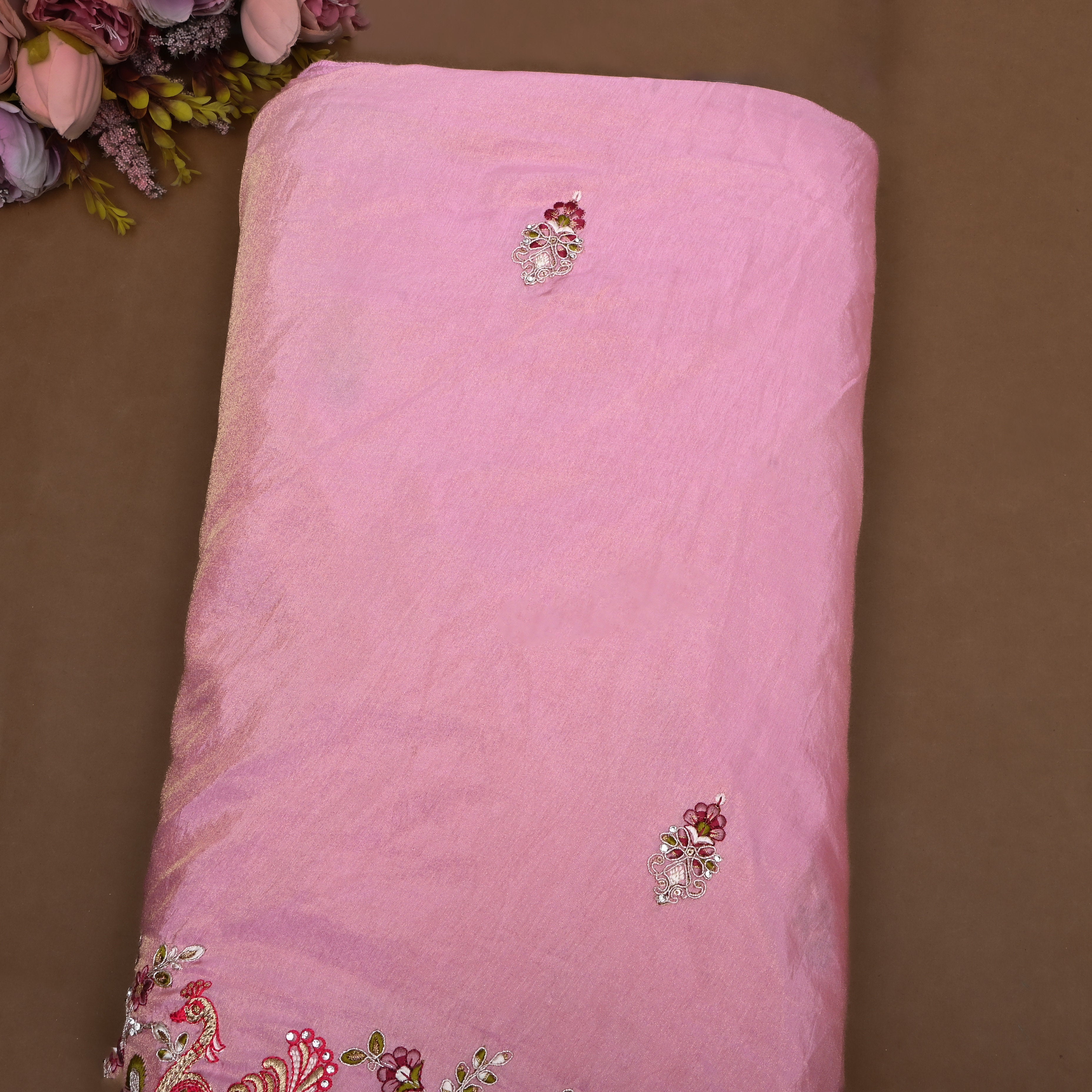 Baby Pink Thread Embroidered Tissue Fabric