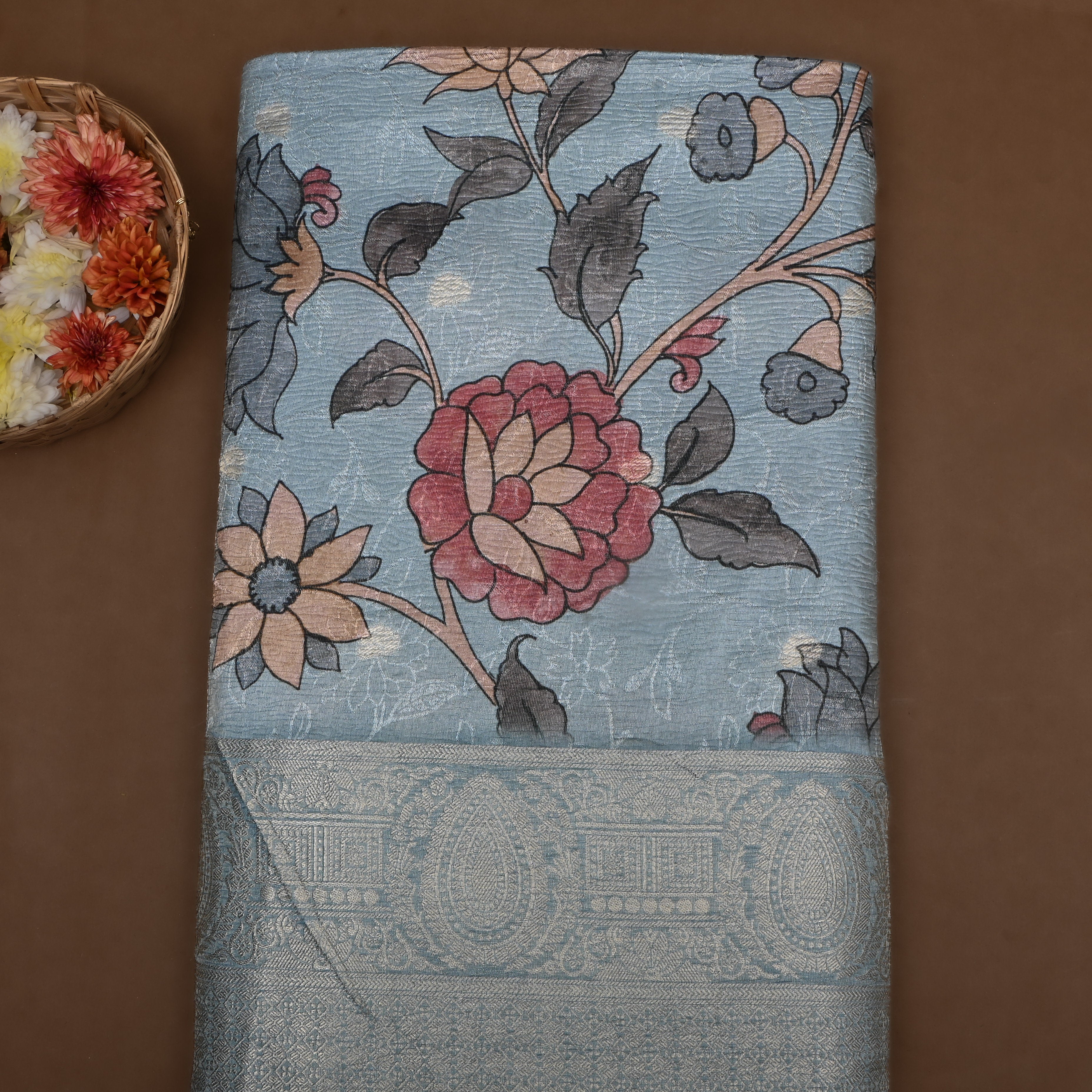 Light Turquoise Floral Printed Tissue Fabric