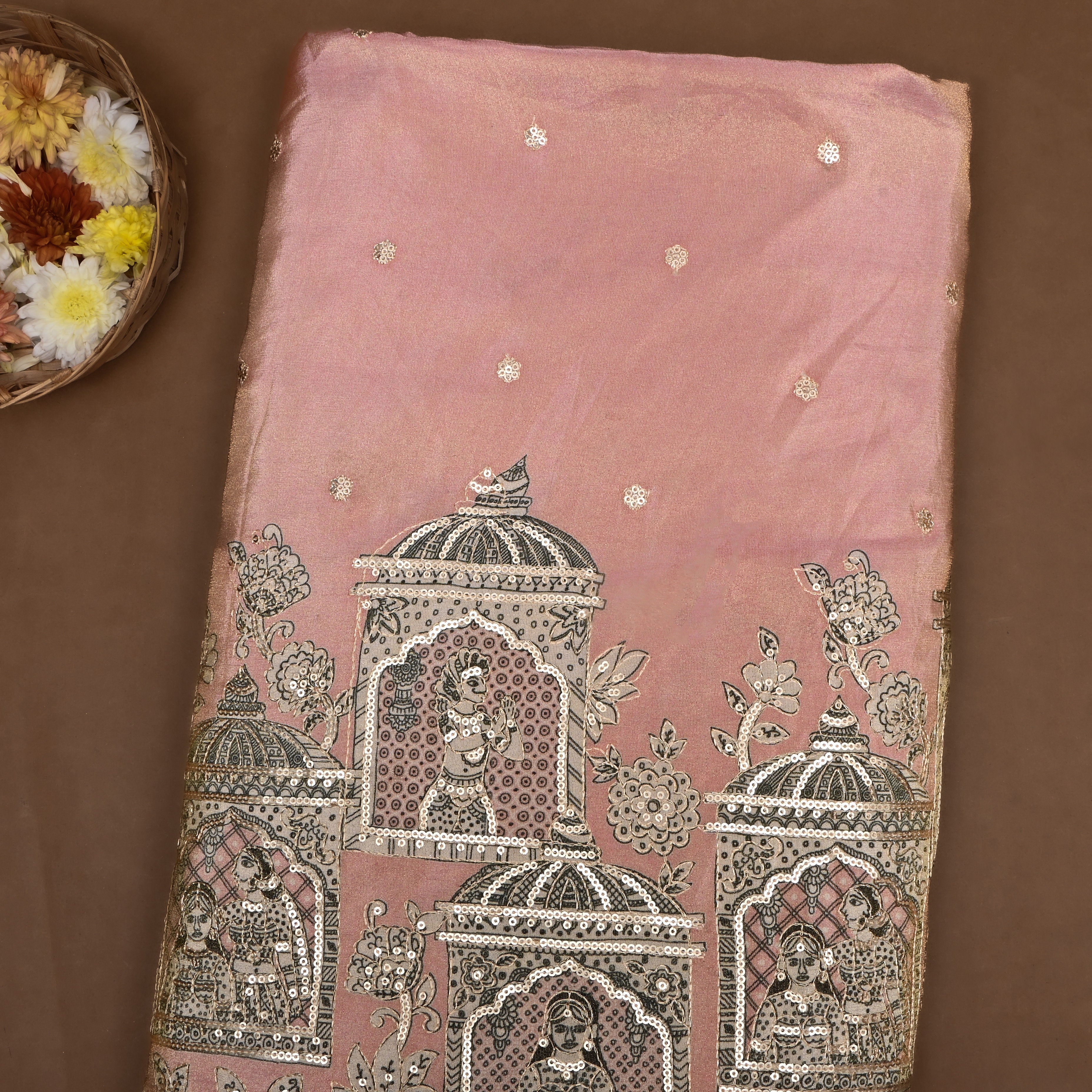 Pastel Pink Kalamkari Printed Tissue Fabric