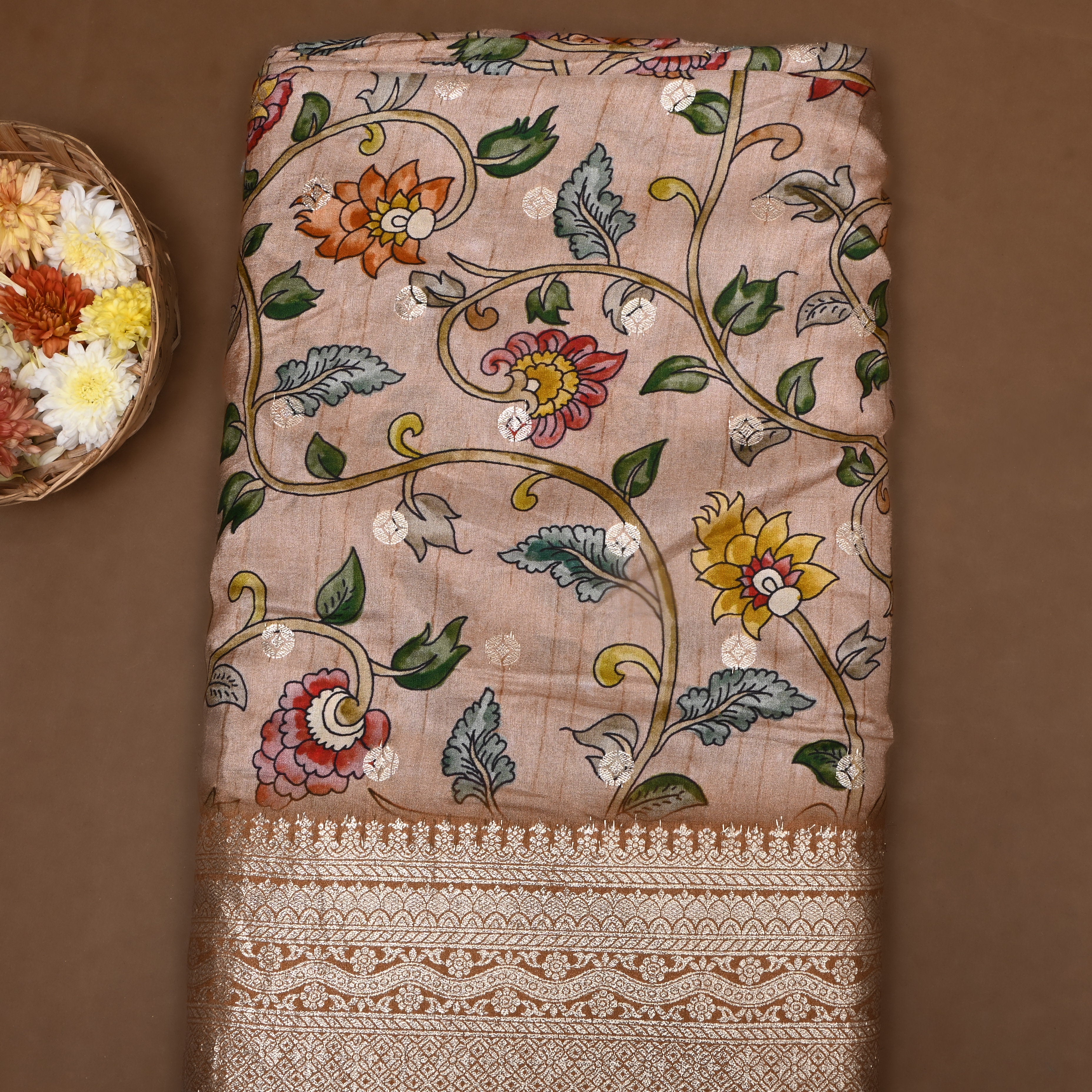 Soft Beige Printed Floral Silk Fabric