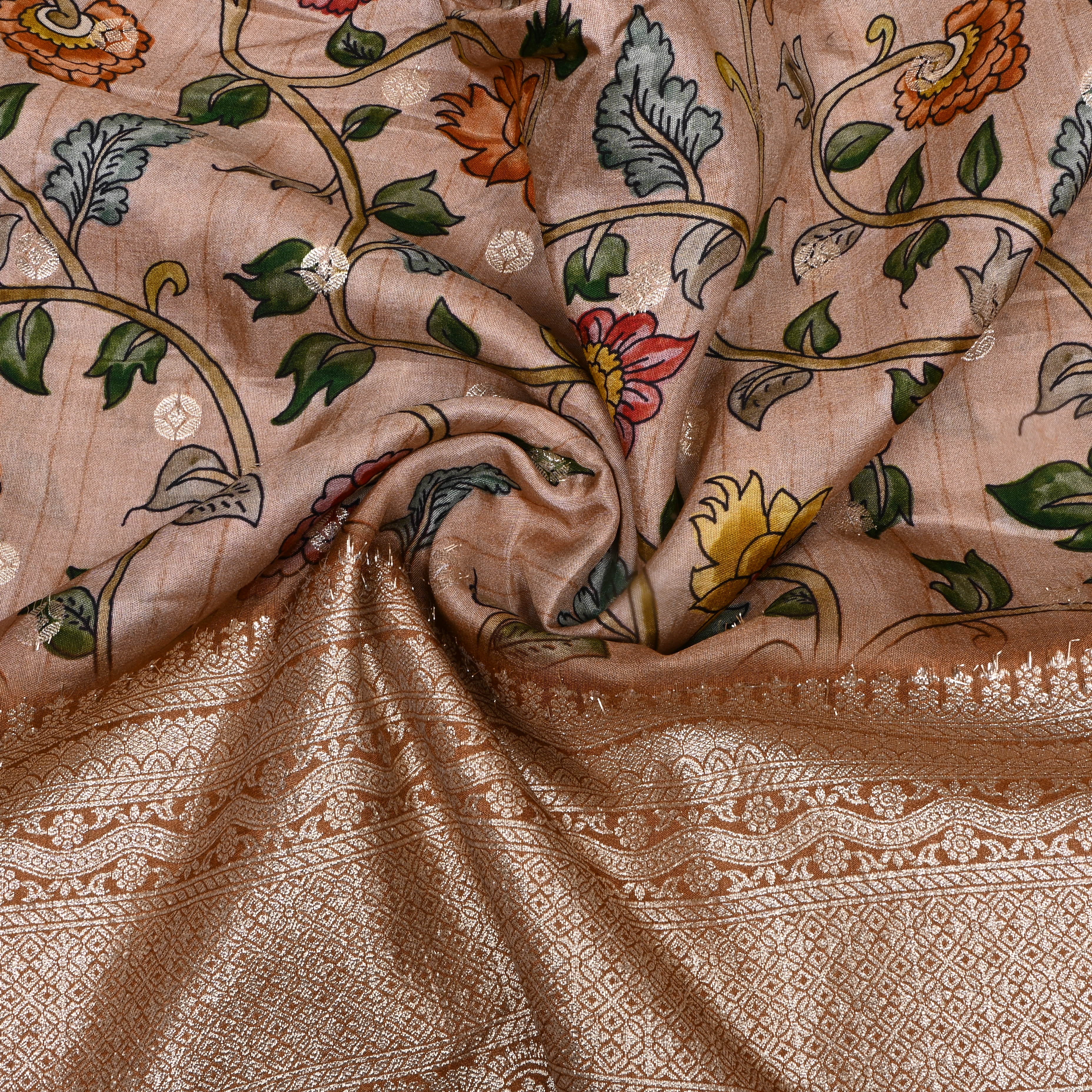 Soft Beige Printed Floral Silk Fabric