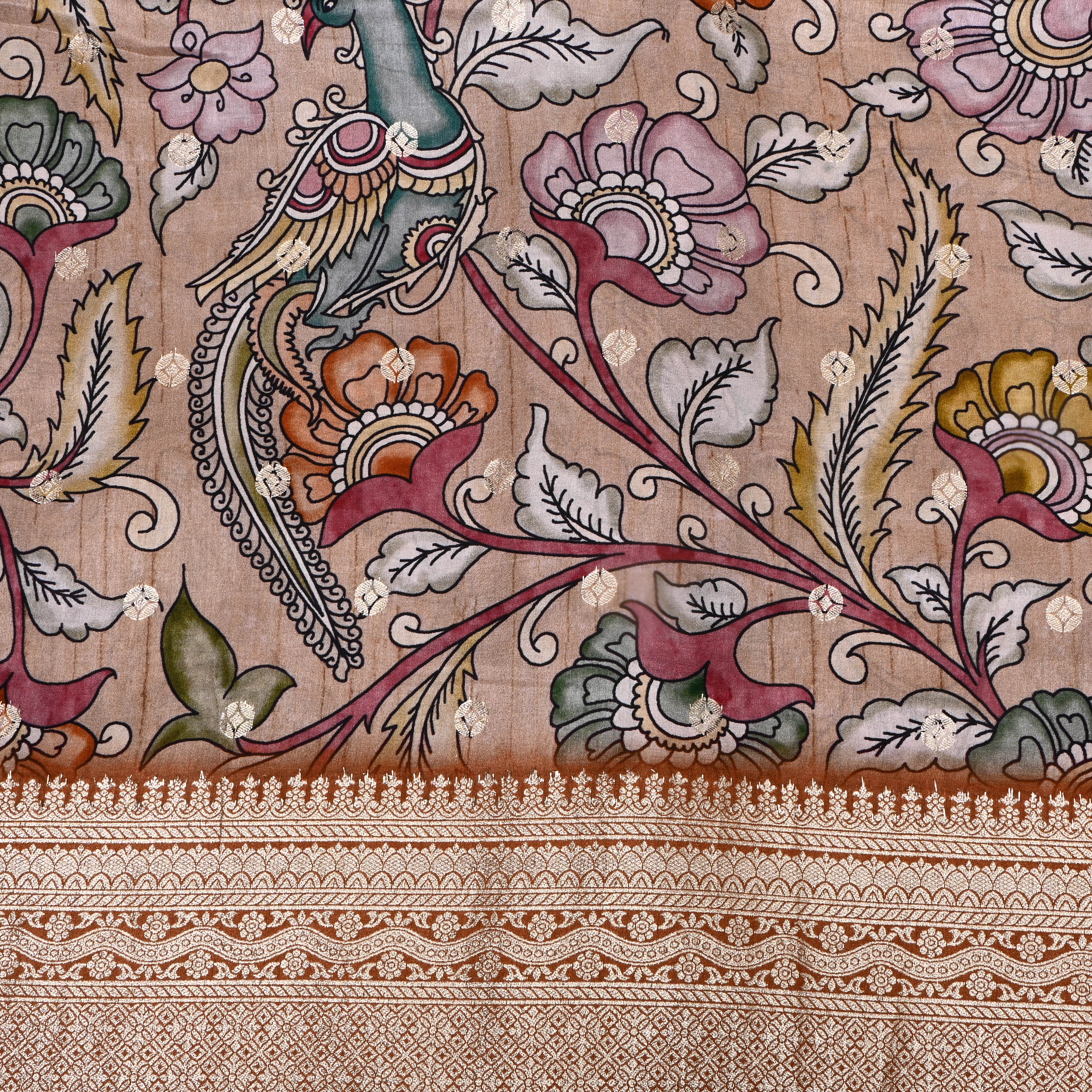 Soft Beige Floral Printed Silk Fabric