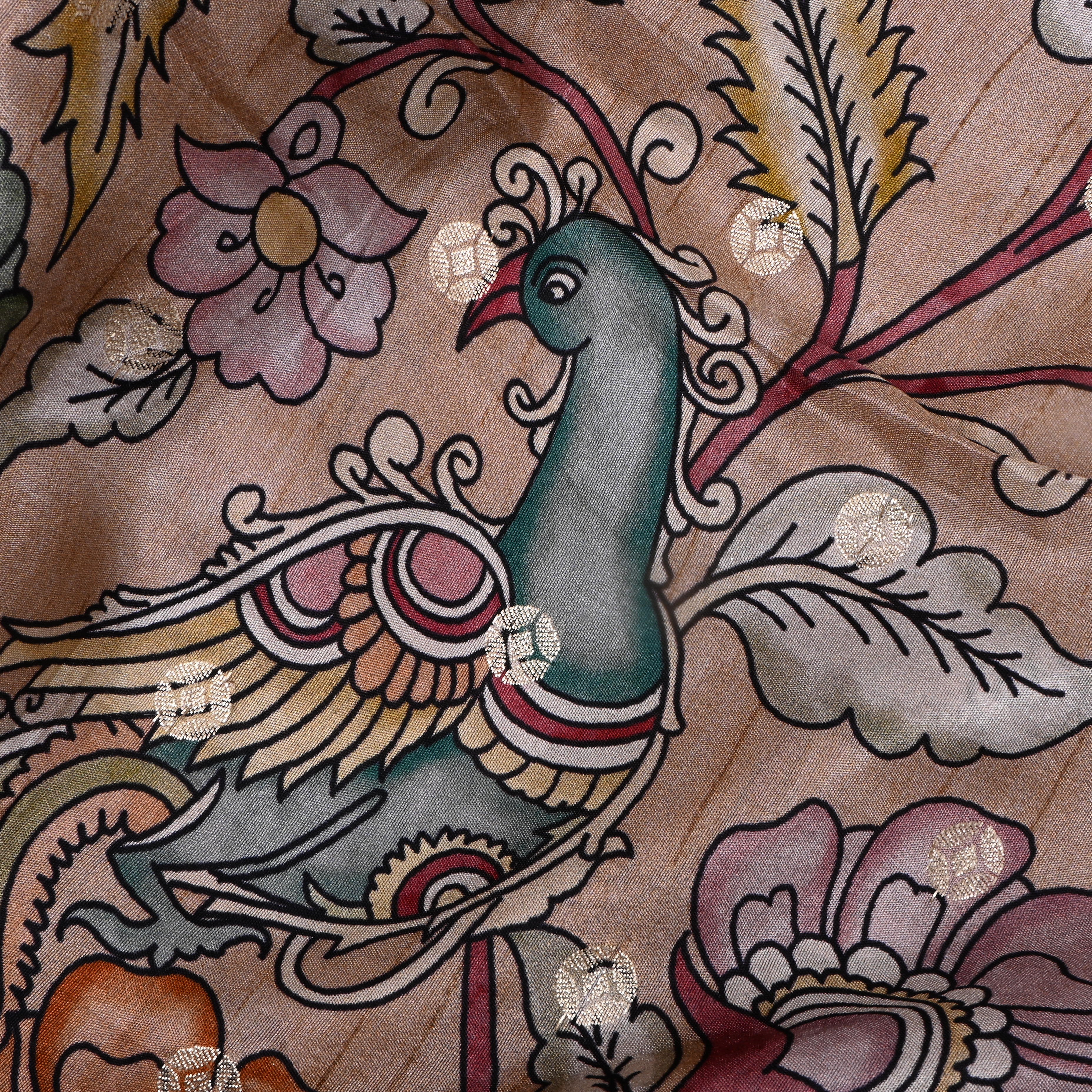 Soft Beige Floral Printed Silk Fabric