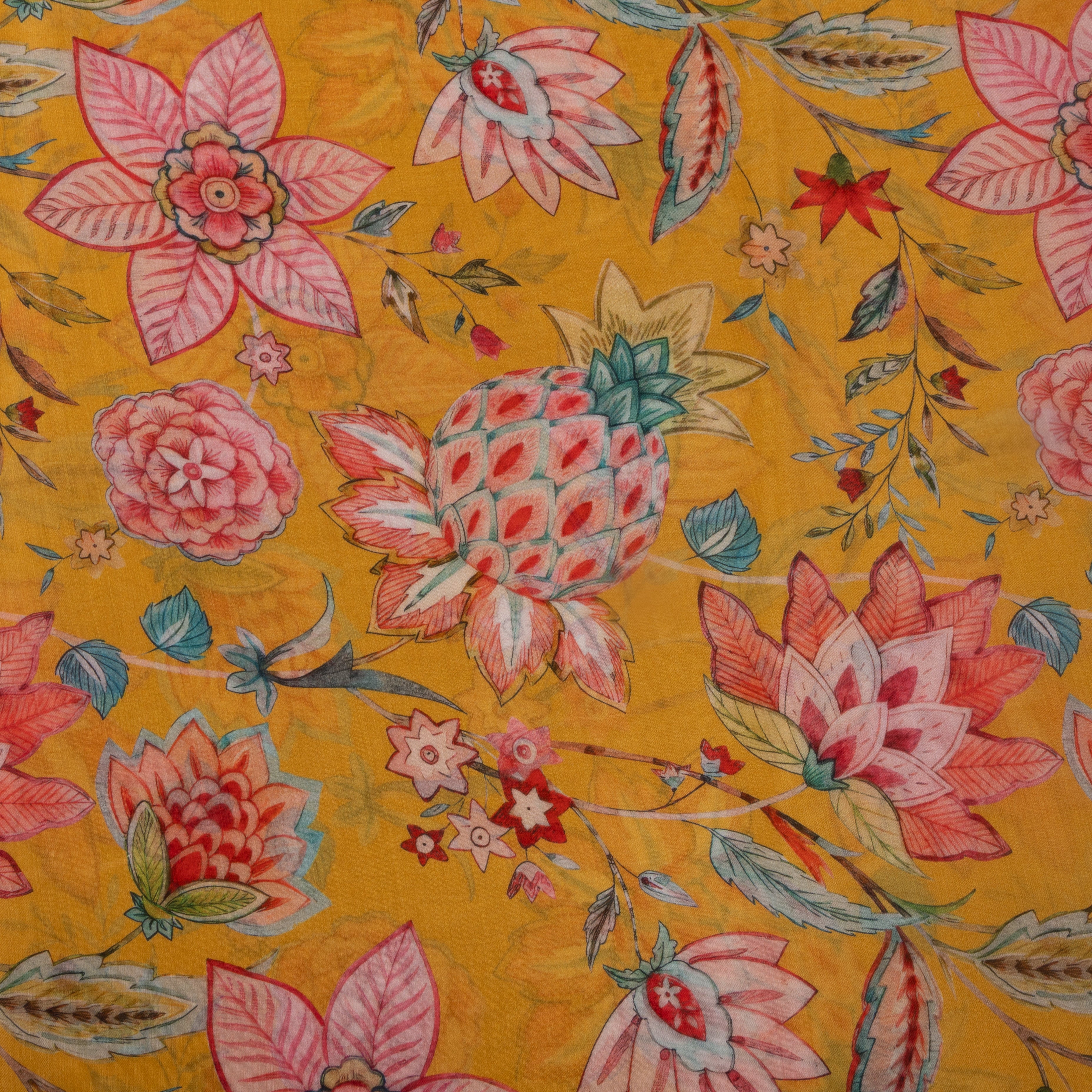 Mustard Yellow Floral Printed Silk Fabric