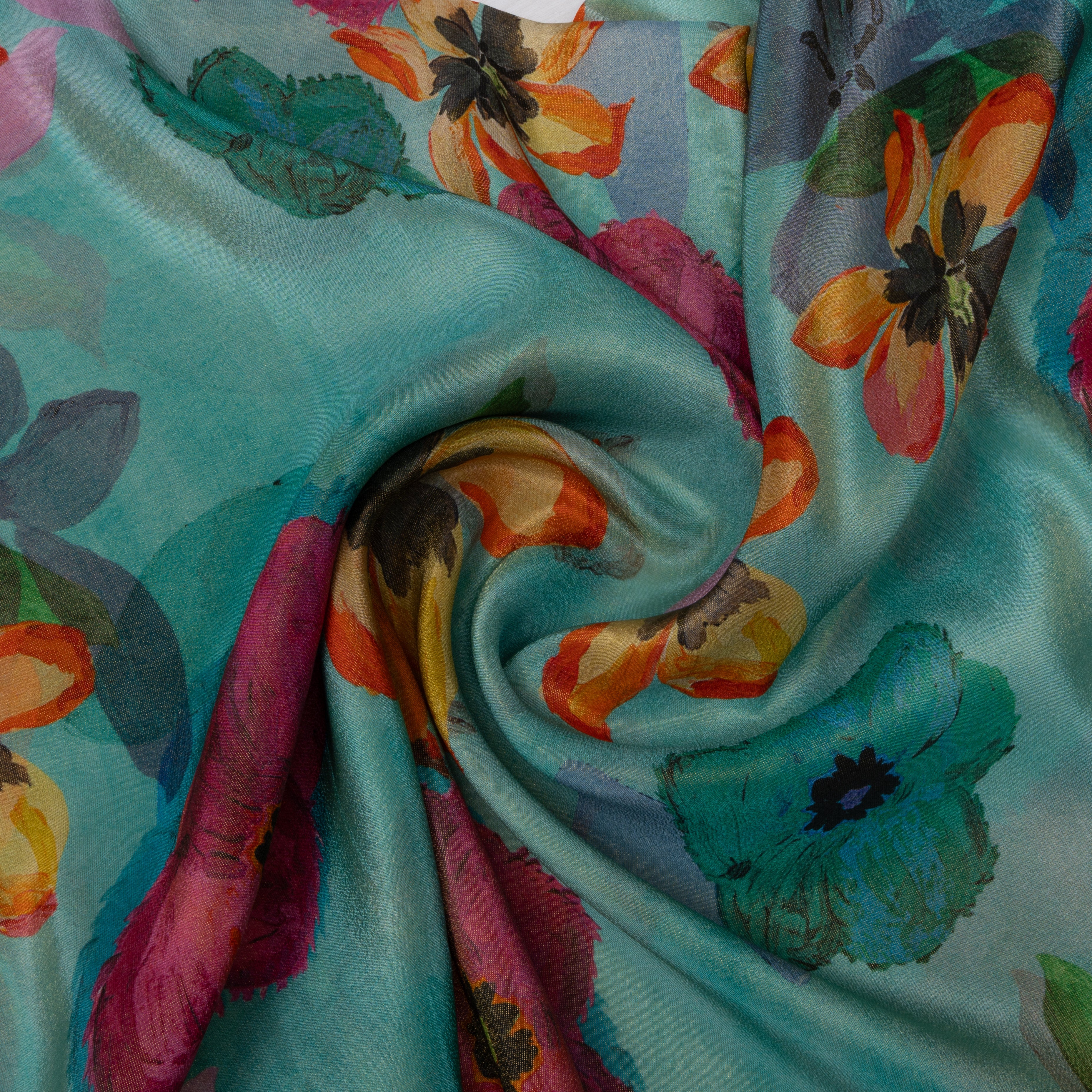 Turquoise Blue Digital Printed Floral Tissue Fabric