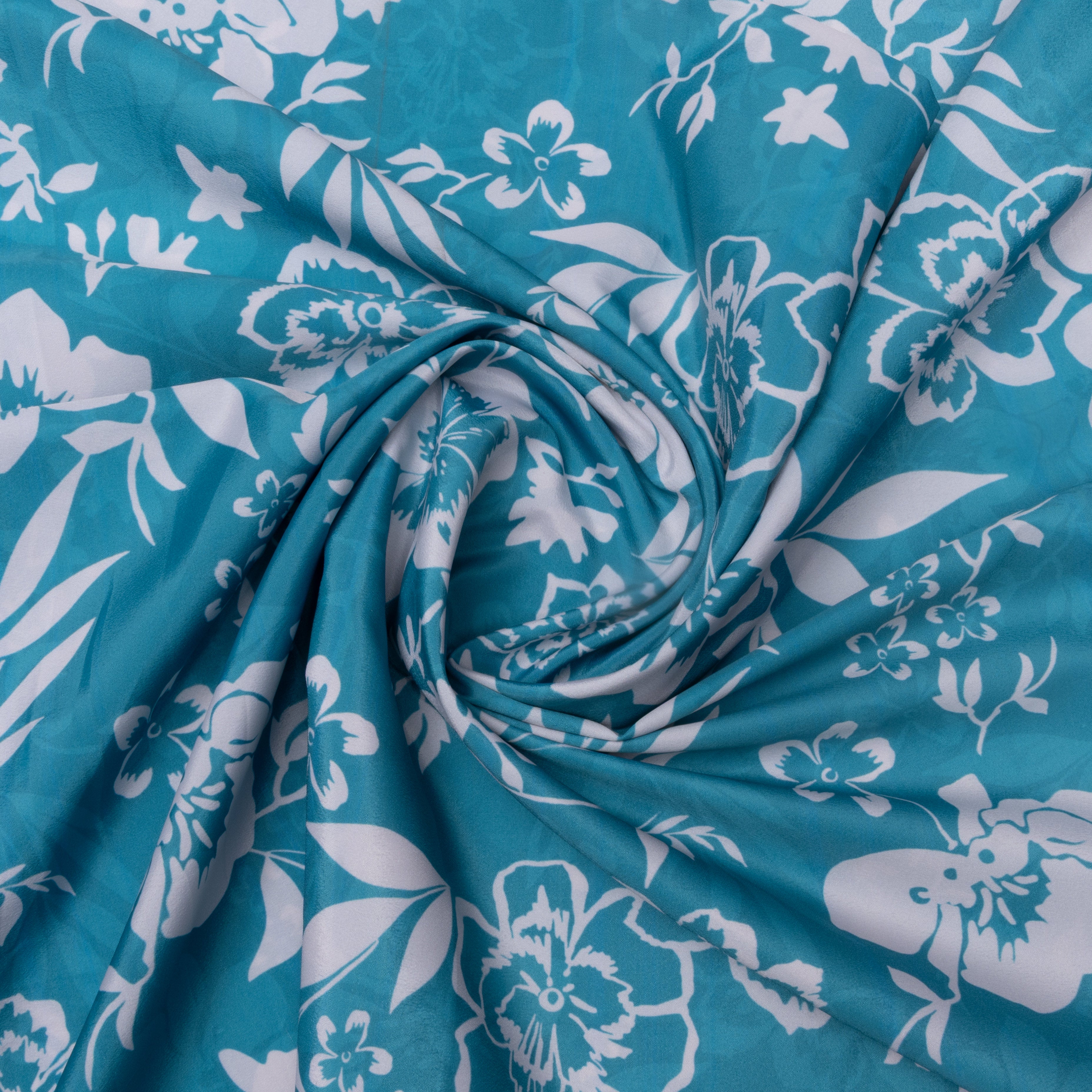 Turquoise Blue Lotus Printed Silk Fabric