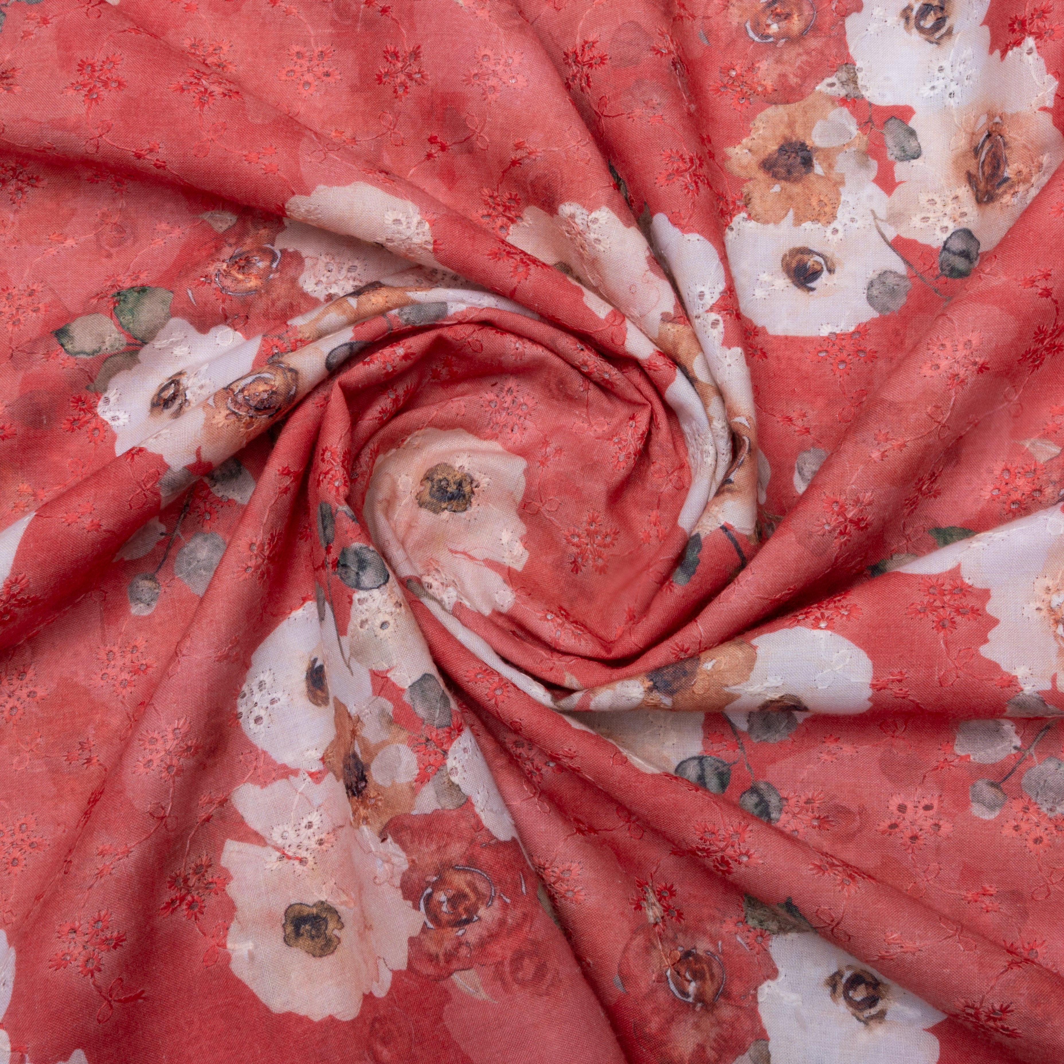 Coral Pink Floral Thread Work Cotton Fabric