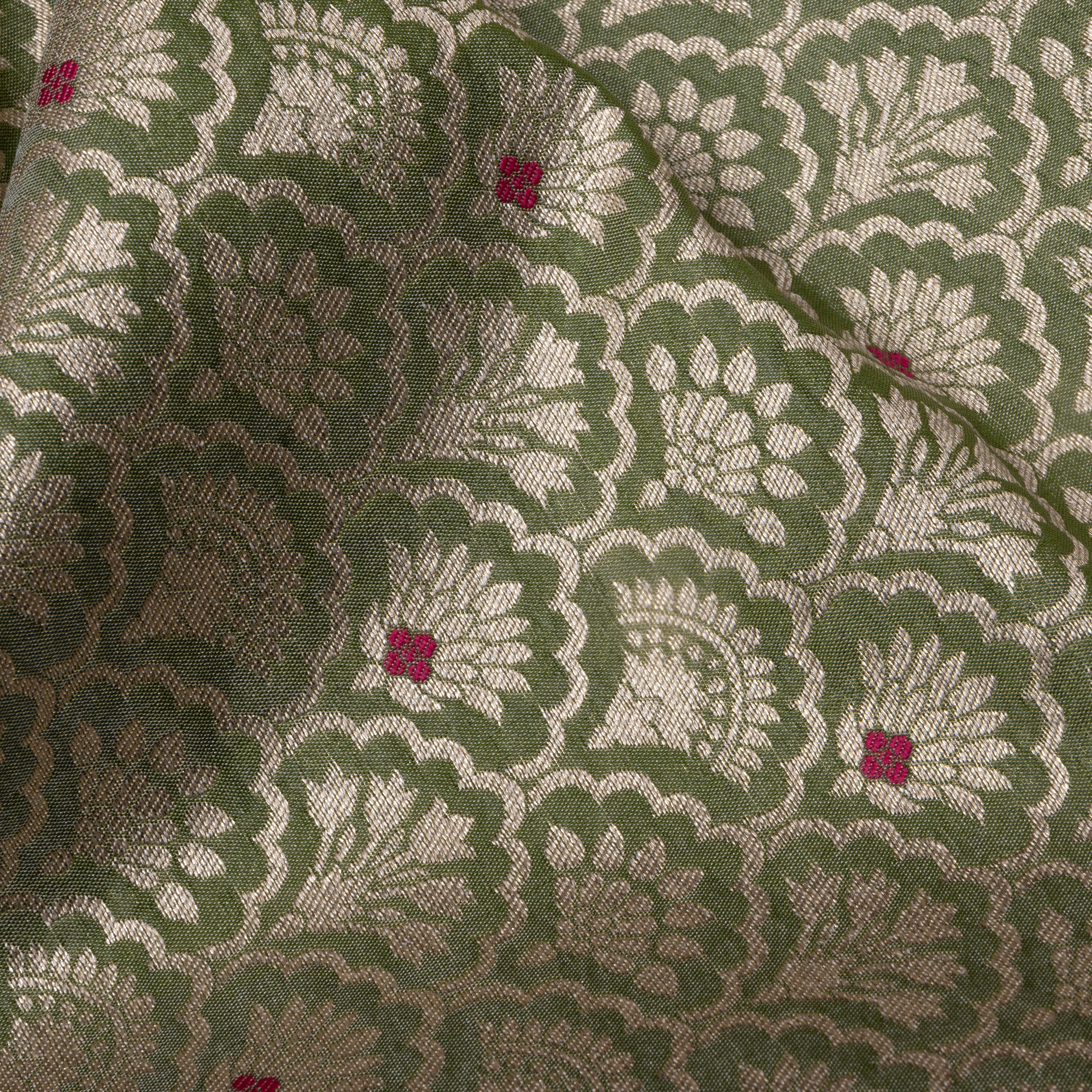 Muted Green Floral Zari Jamawar Silk Fabric