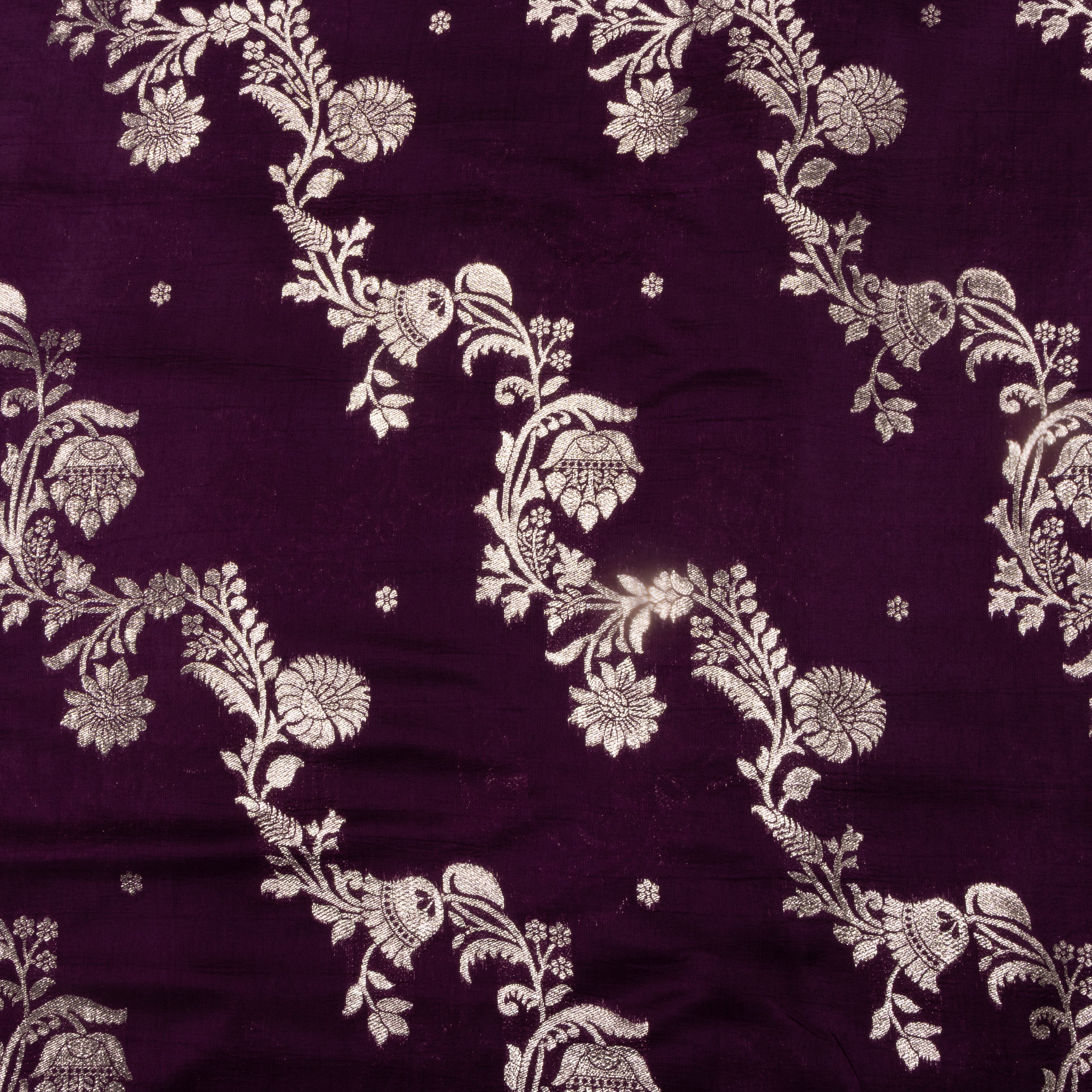 Dark Purple Floral Jamawar Silk Fabric